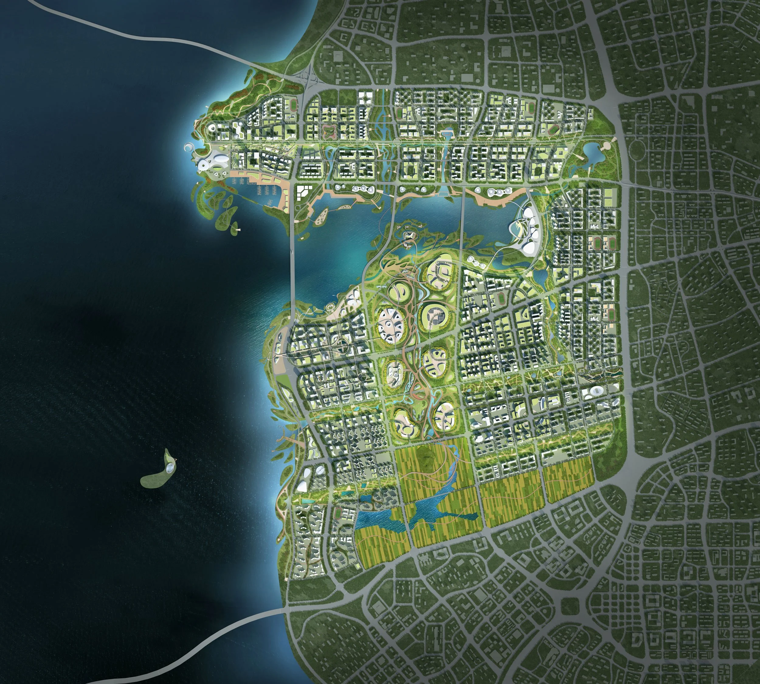 Map of a city with parks, lakes, roads, and urban areas, located near a large body of water.