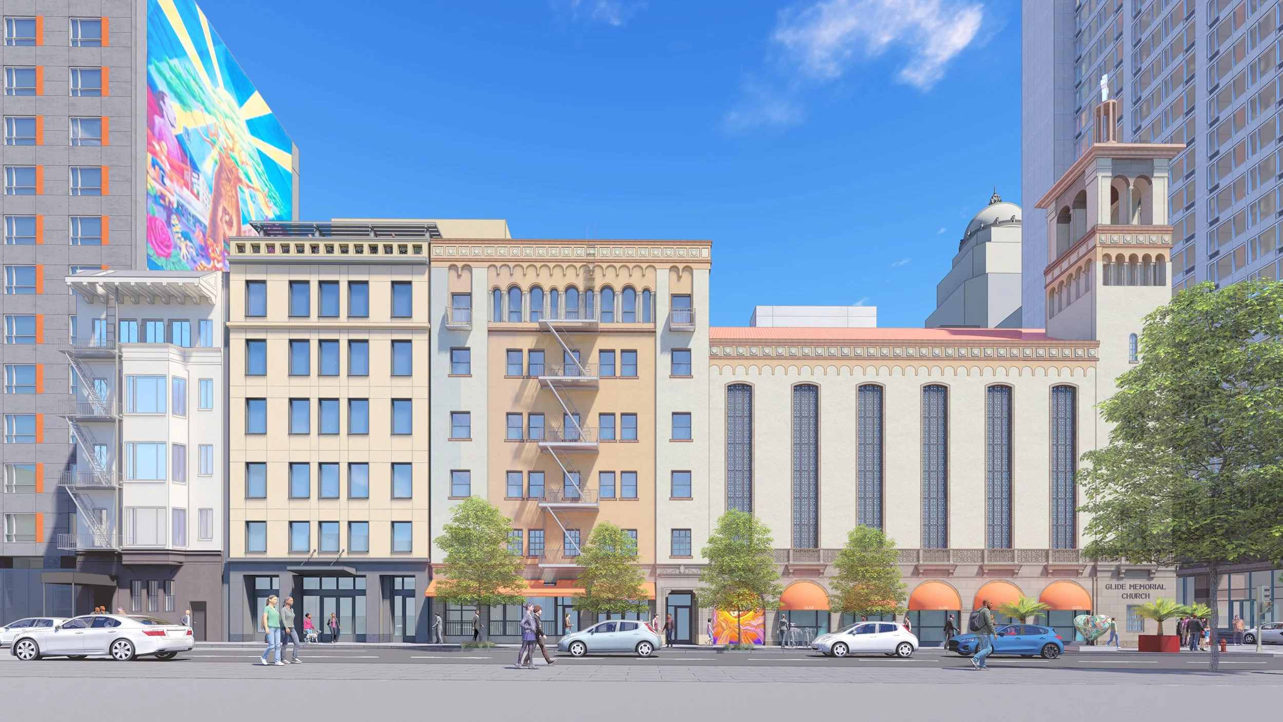 A city street scene with modern buildings, trees, cars, and people walking on the sidewalk. There is a colorful mural on one building and a church with arched windows and a sign that reads 'GLIDE MEMORIAL CHURCH'.