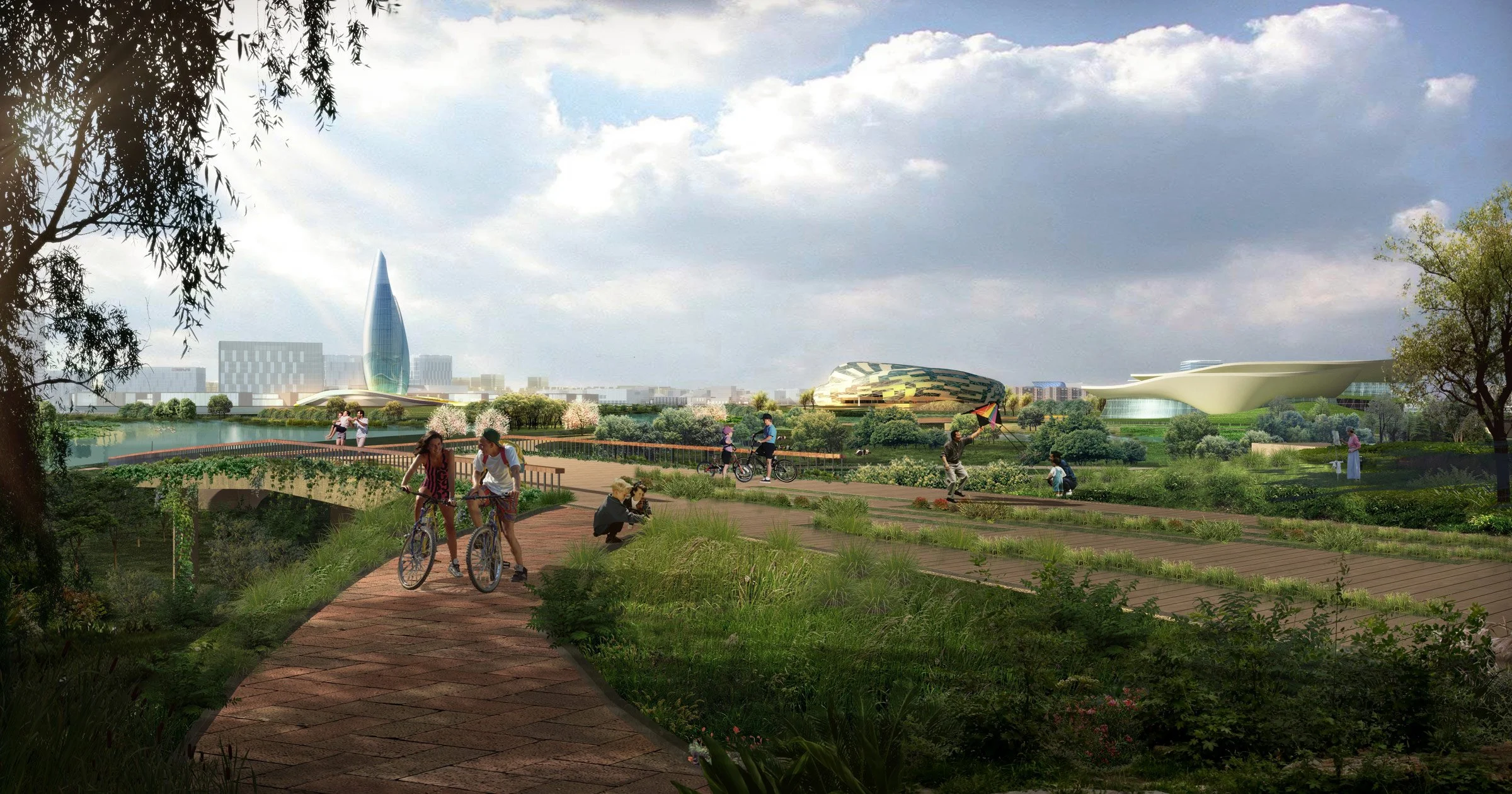 A modern cityscape with futuristic buildings, a river, and people enjoying outdoor activities such as biking, kite flying, and walking in a lush green park under a partly cloudy sky.