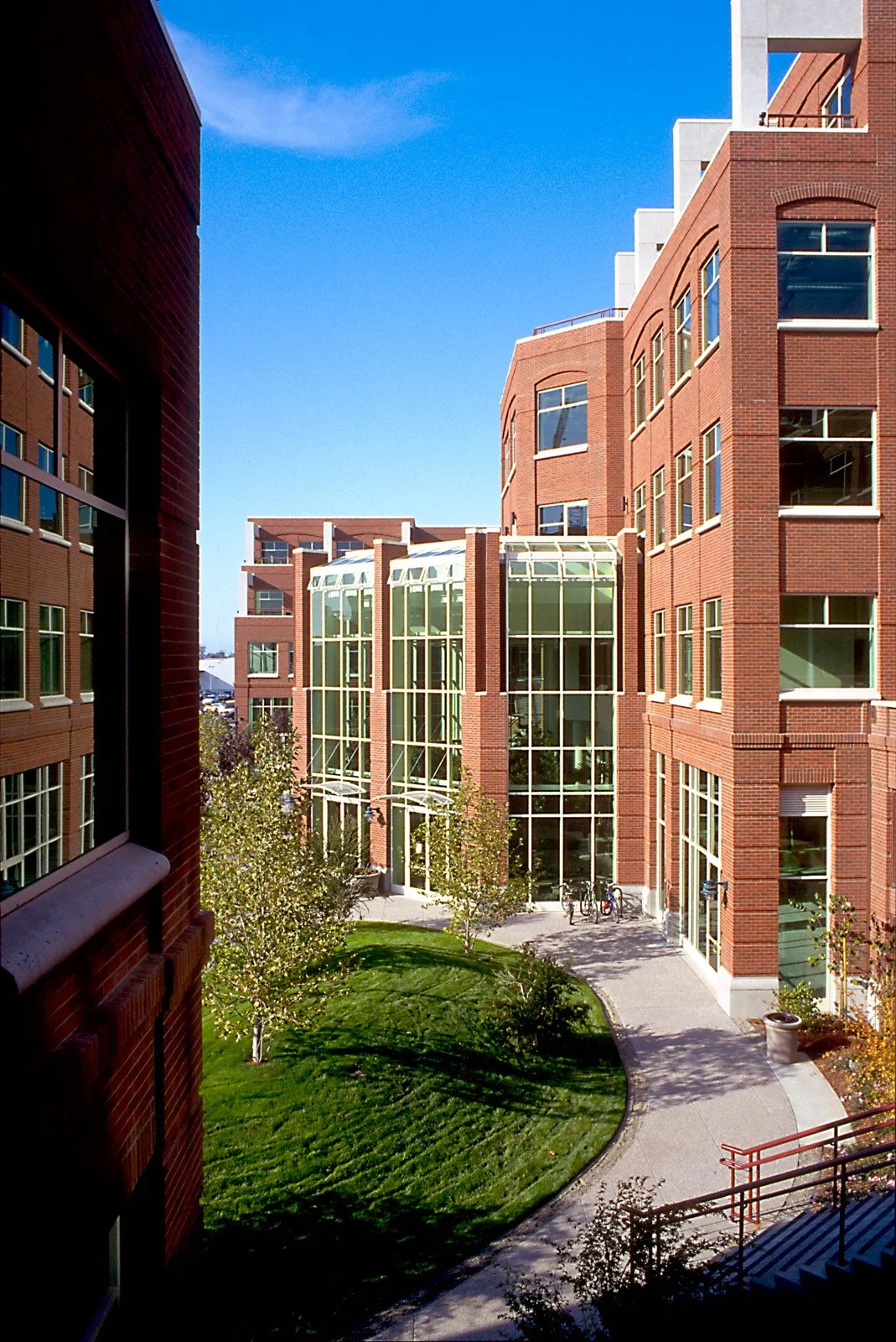 View of a modern brick apartment building with large glass windows and a courtyard with trees, grass, and a sidewalk. Bicycles are parked outside.