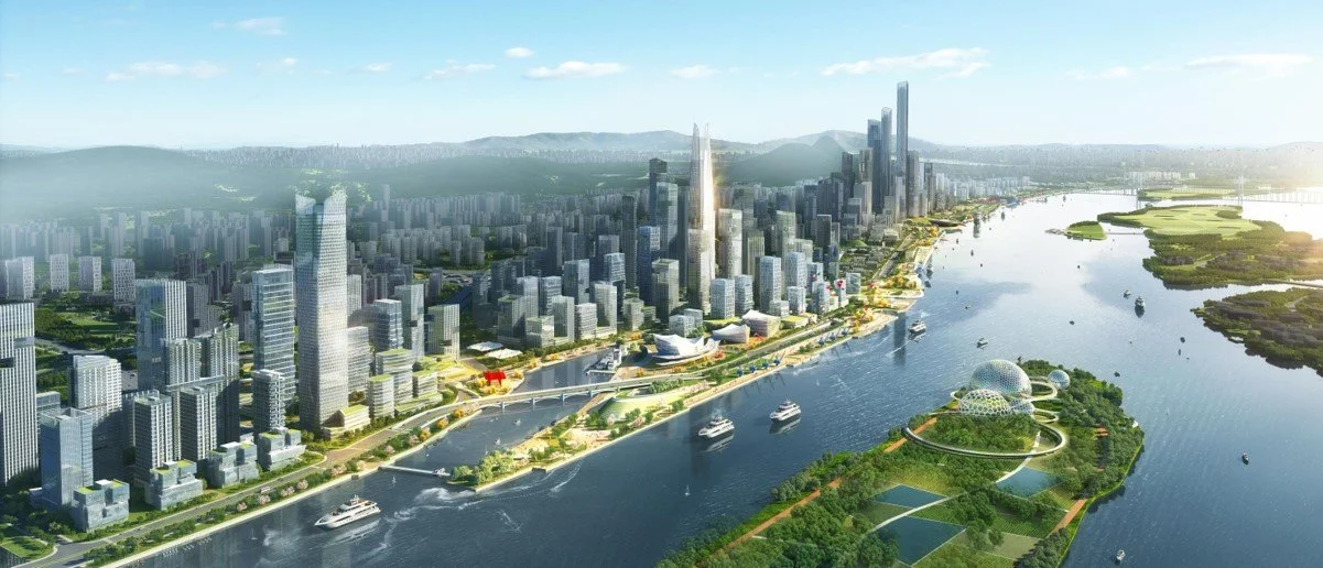 A vibrant city skyline with modern skyscrapers along a wide river, featuring boats and green parks with futuristic structures.