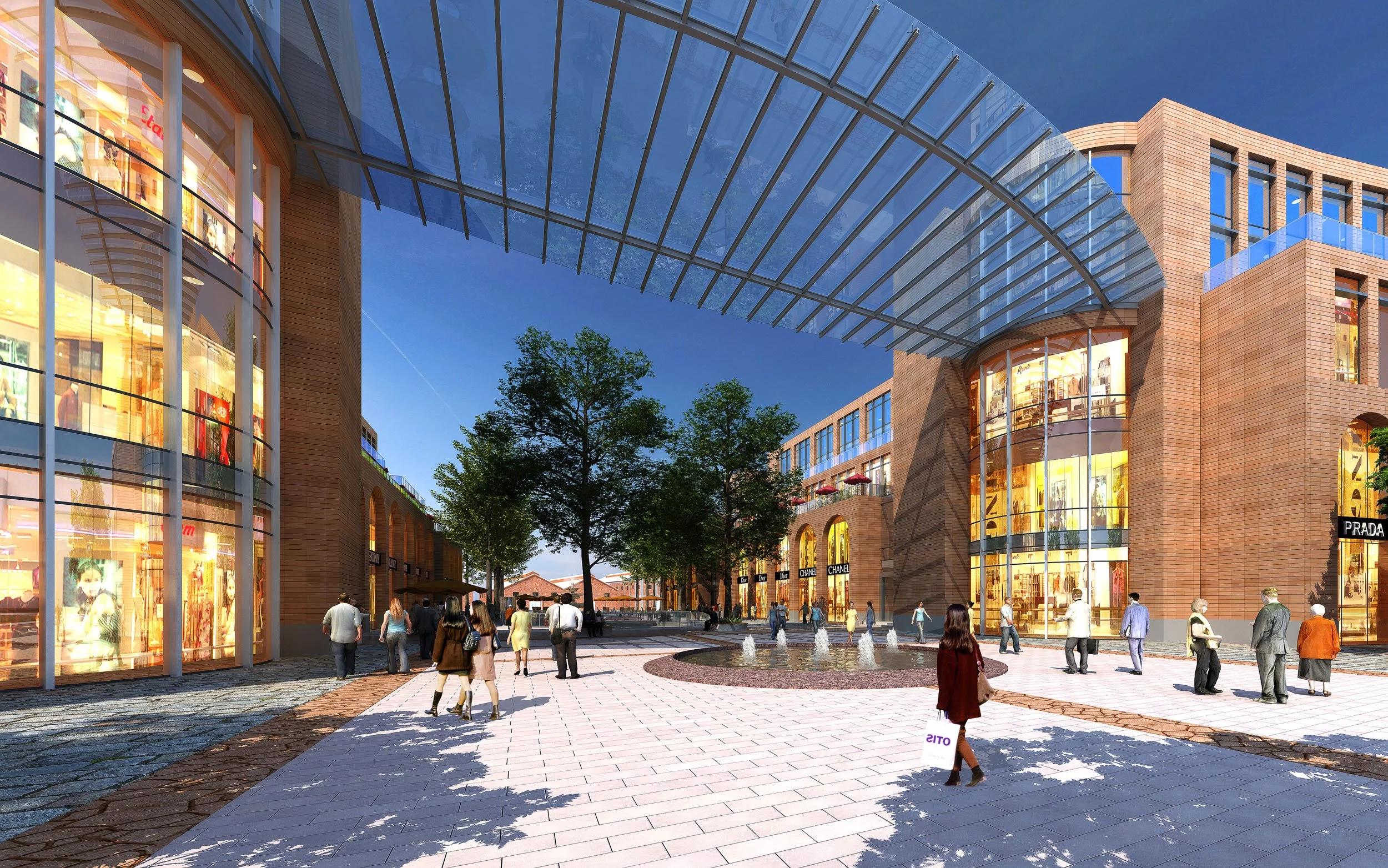 Digital rendering of a modern shopping plaza with glass-fronted buildings, trees, a fountain, and people walking.