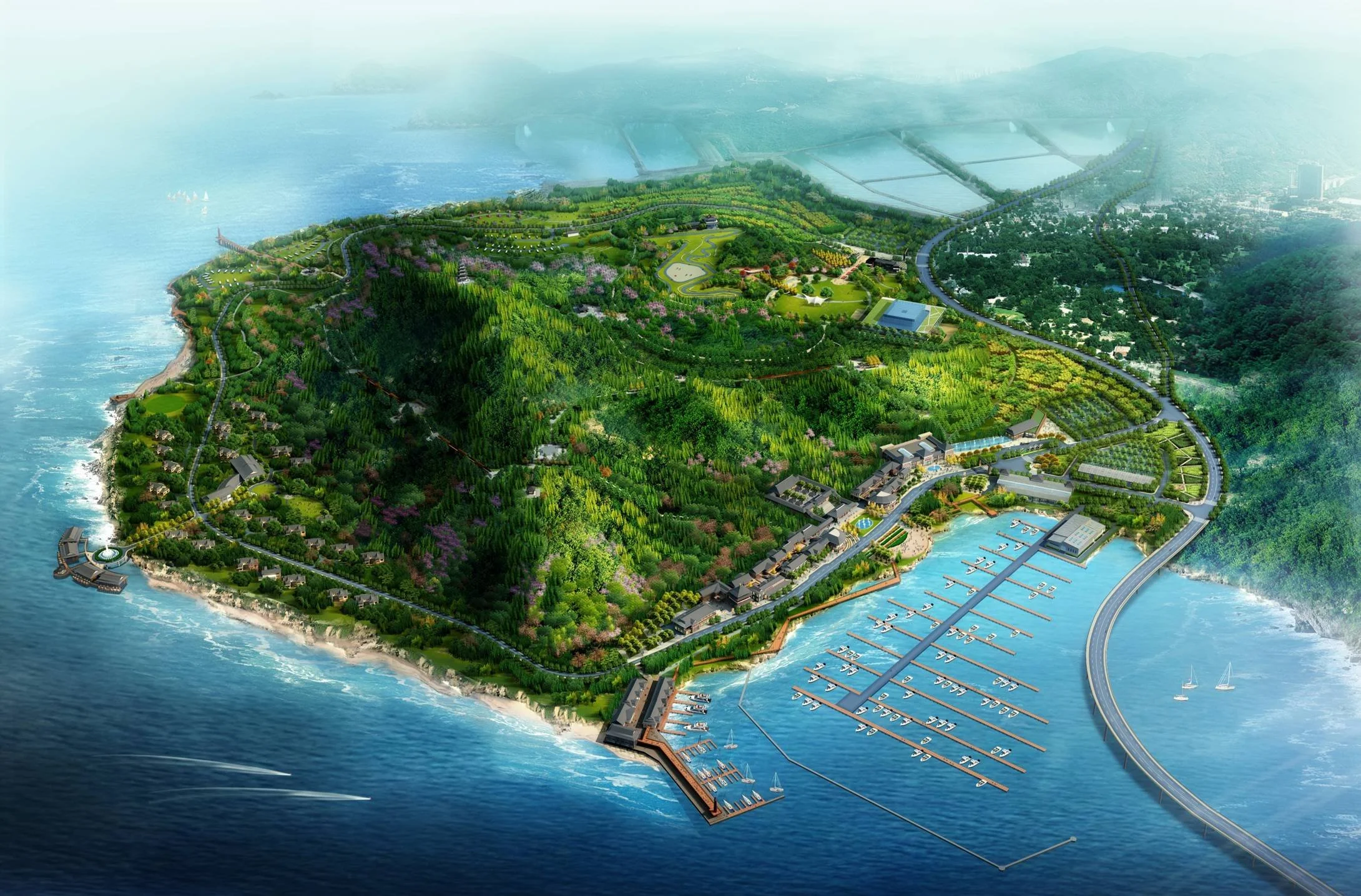 Aerial view illustration of a coastal landscape with a marina, lush green hills, winding roads, and a town.