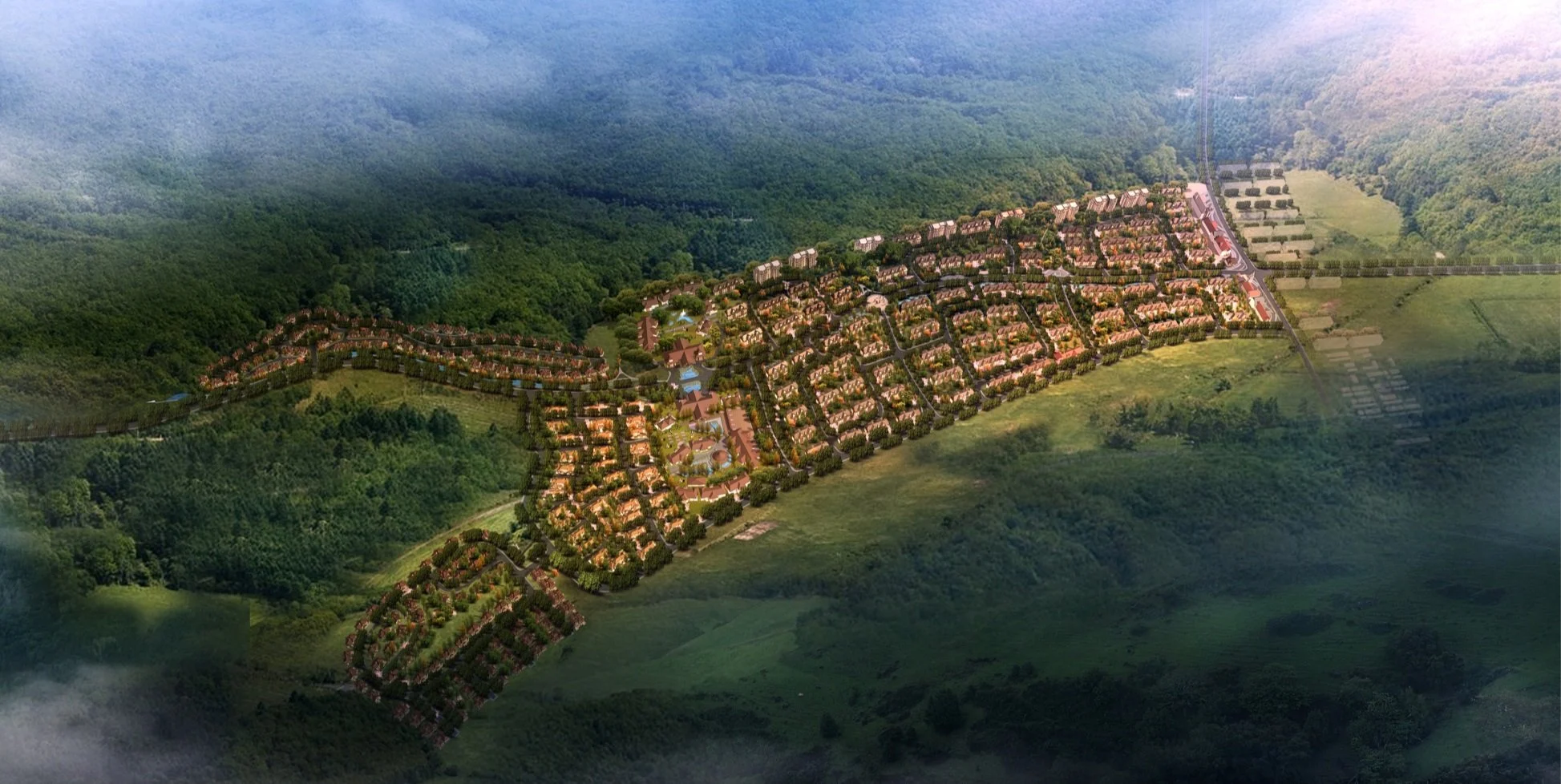 Aerial view of a residential community with houses, roads, parks, and surrounding greenery.