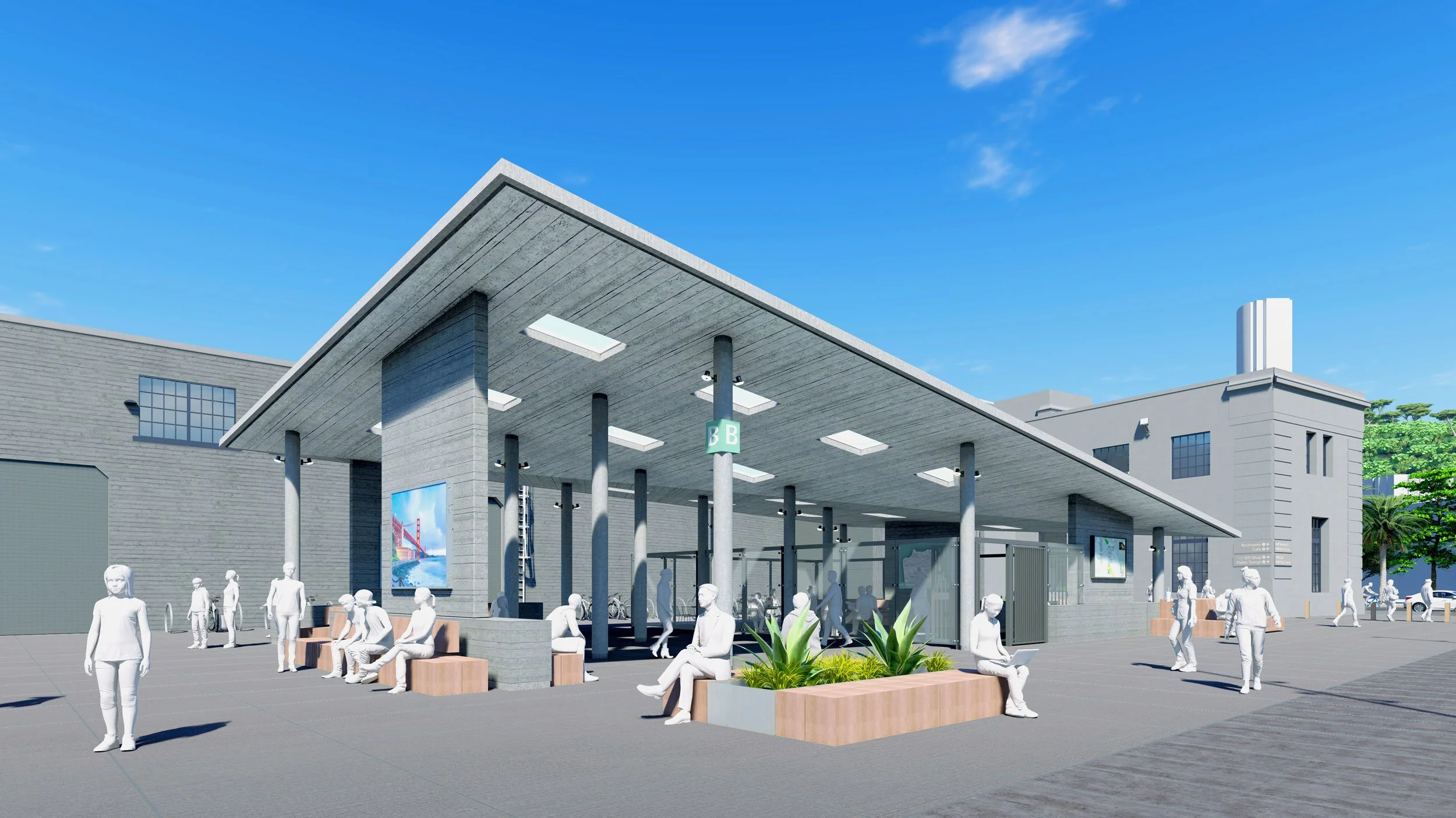 A modern outdoor bus stop with seating, planters, and digital displays, under a large angled roof in an urban area on a clear day.
