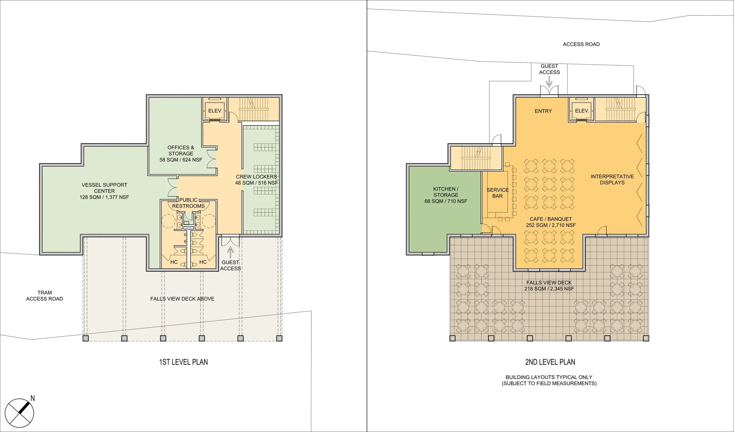 Architectural floor plans of a two-story building, showing the first and second levels with labeled rooms such as vessel support center, crew lockers, offices, storage, restrooms, kitchen, service bar, interpretative displays, and outdoor deck areas.