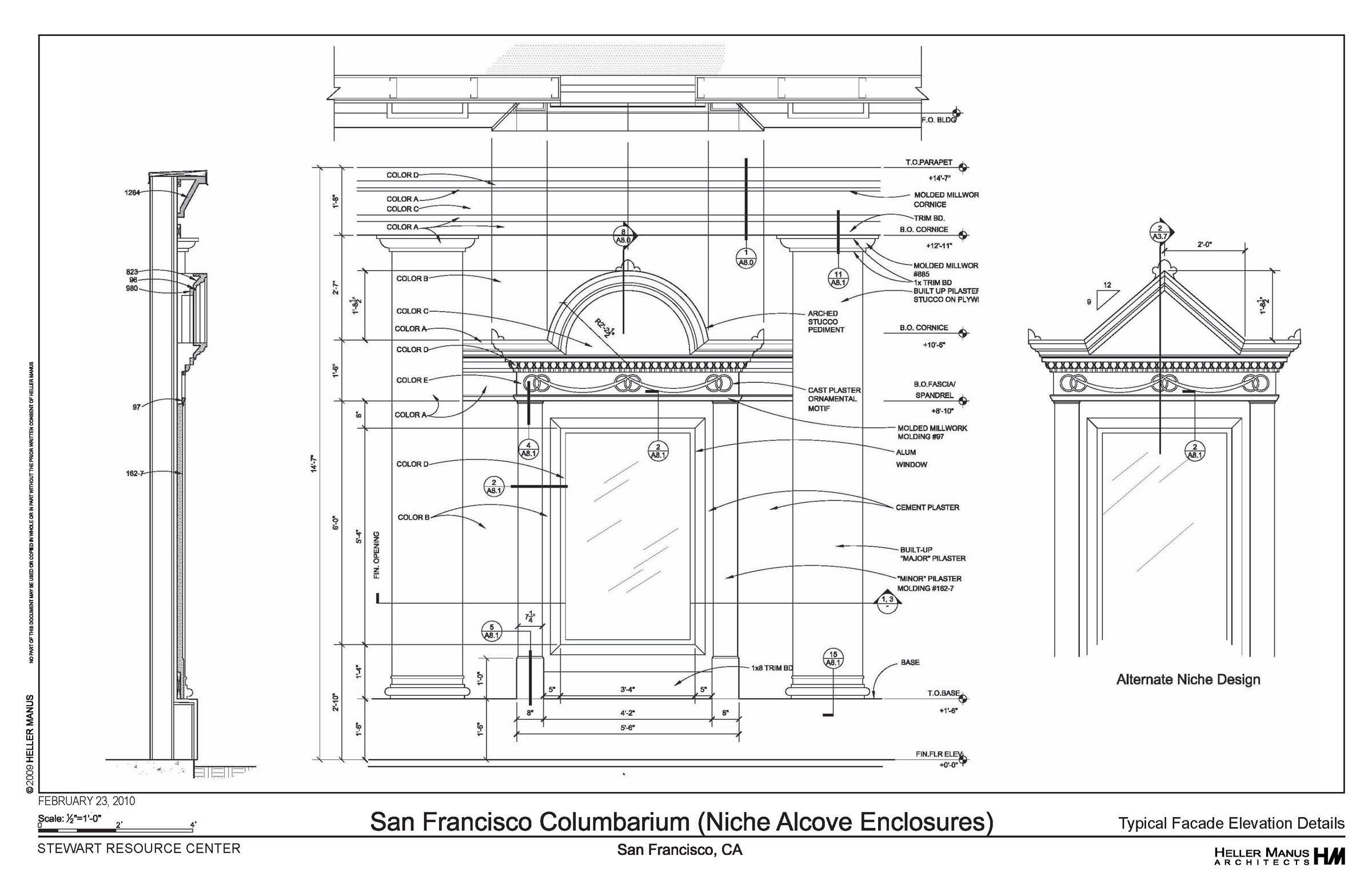 Architectural drawing of the facade design for the San Francisco Columbarium, featuring detailed elevations, measurements, and ornamental motifs.