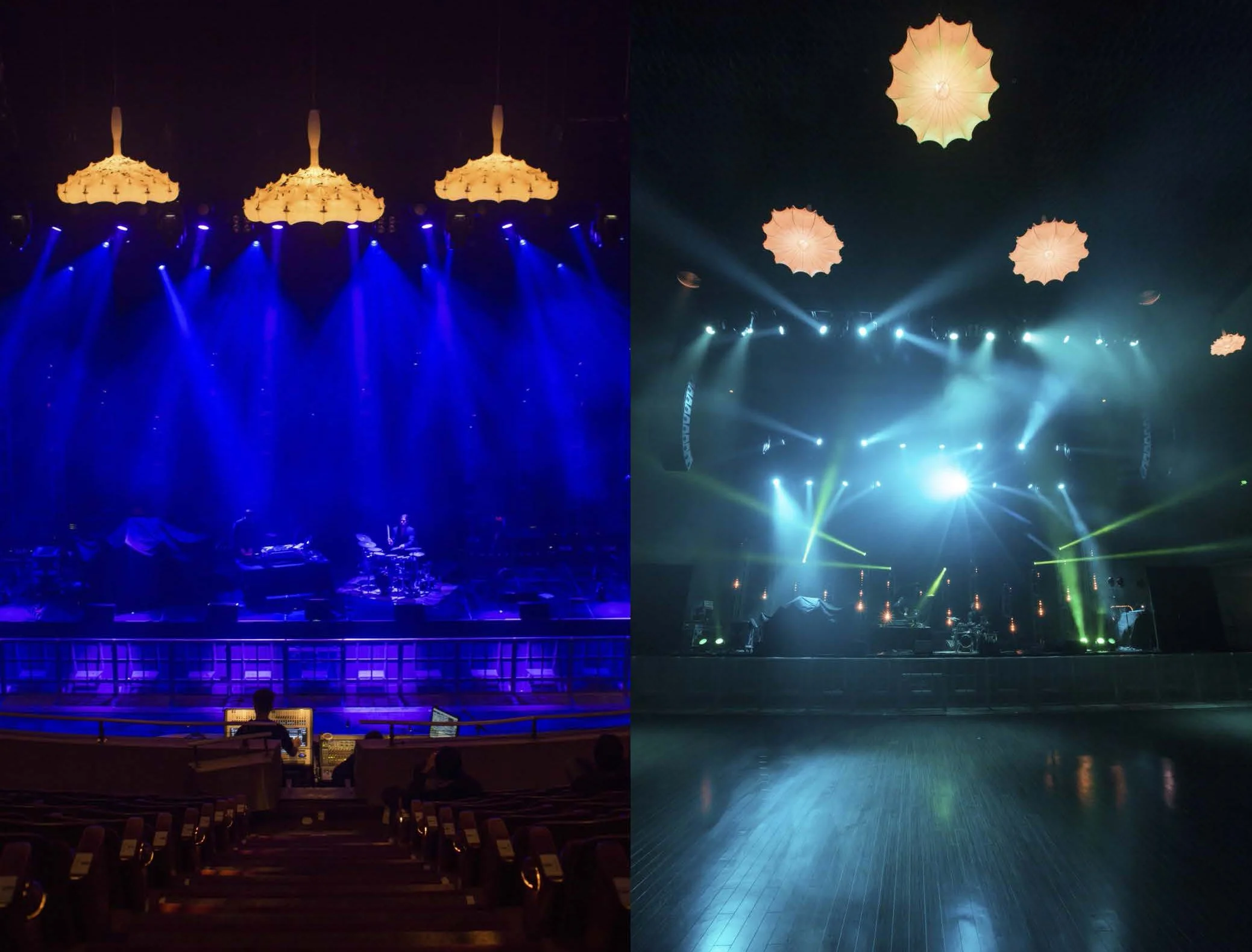 Two concert stages with blue and green lighting, some hanging lamps in the shape of umbrellas or flowers, and musical instruments visible on stage.