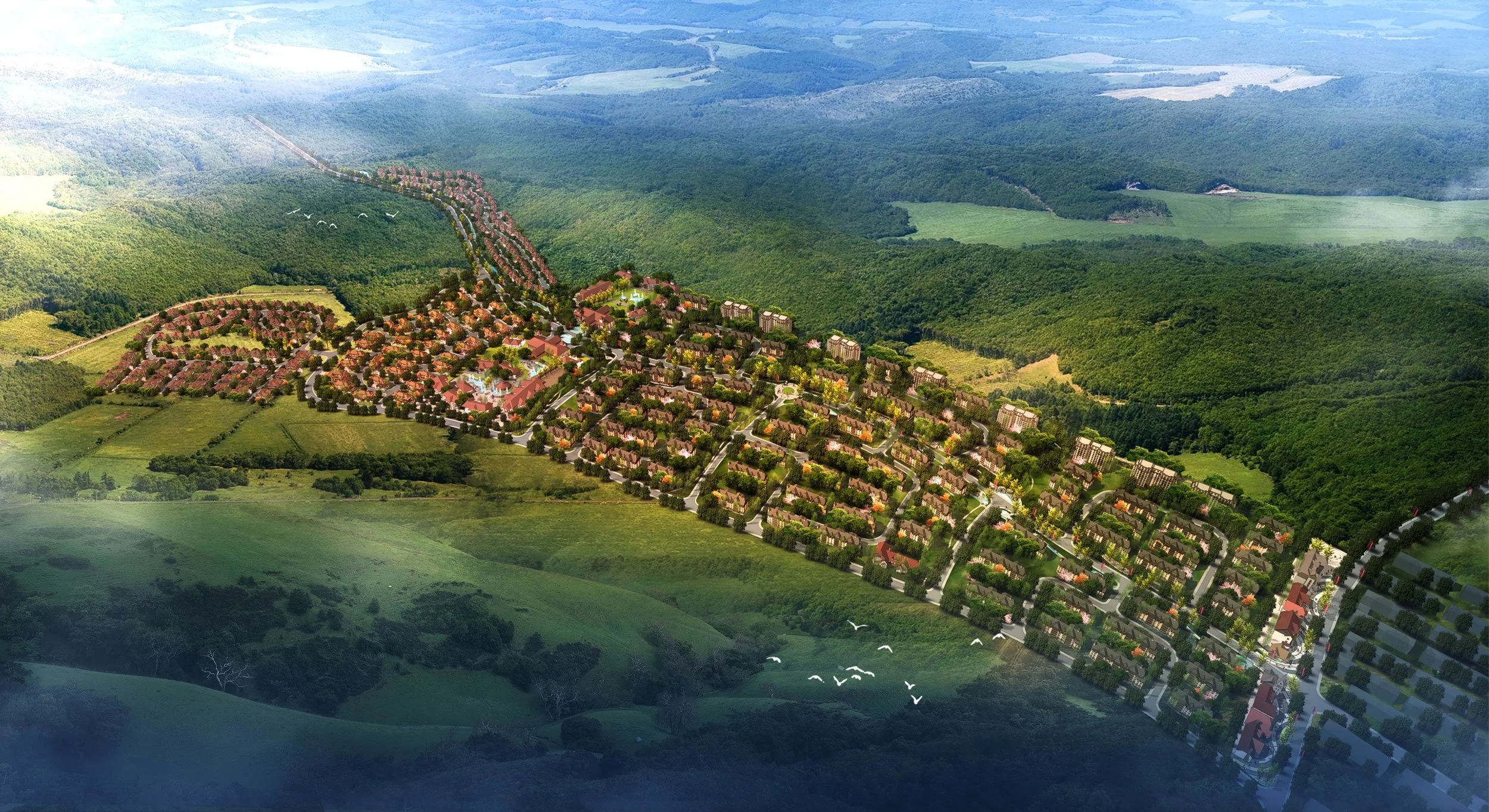 Aerial view of a suburban residential area with houses, streets, and surrounding green wooded areas.