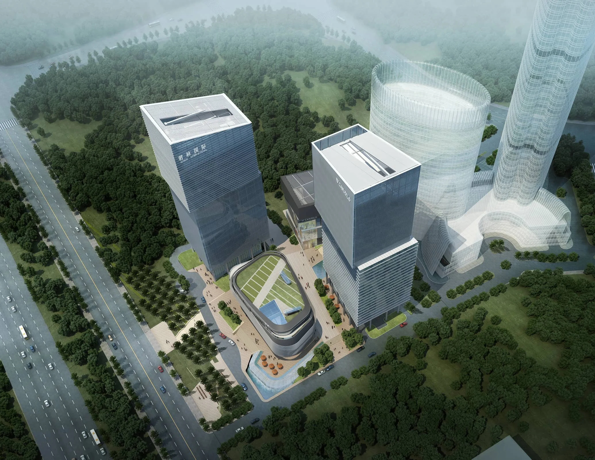 Aerial view of modern cityscape with tall glass skyscrapers surrounded by greenery, roads, and a park area.