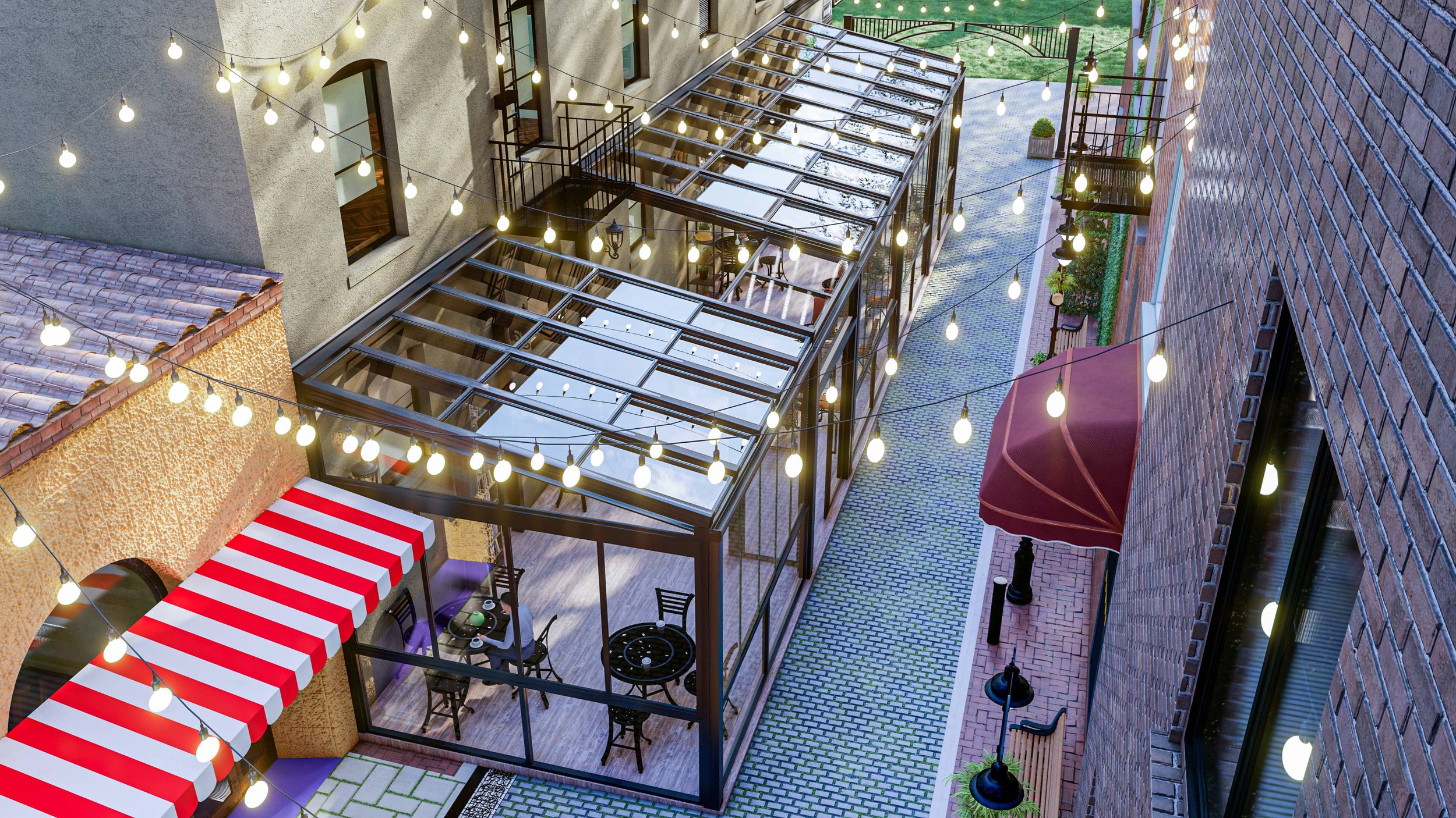 Outdoor courtyard with string lights, glass-roofed patio area with tables and chairs, brick and stucco buildings, a red and white striped awning, and potted plants.