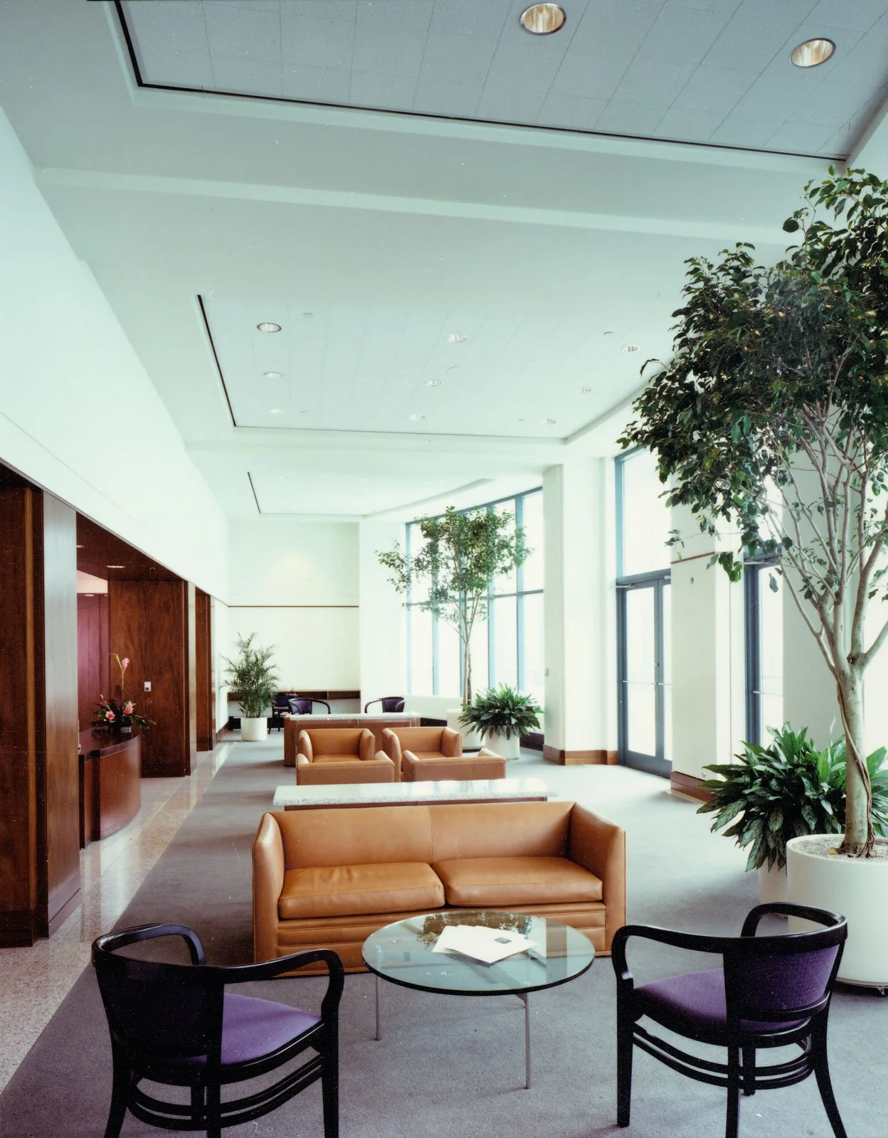 Bright modern hotel lobby with large windows, potted trees, leather sofas, black chairs, and a glass coffee table with papers on it.