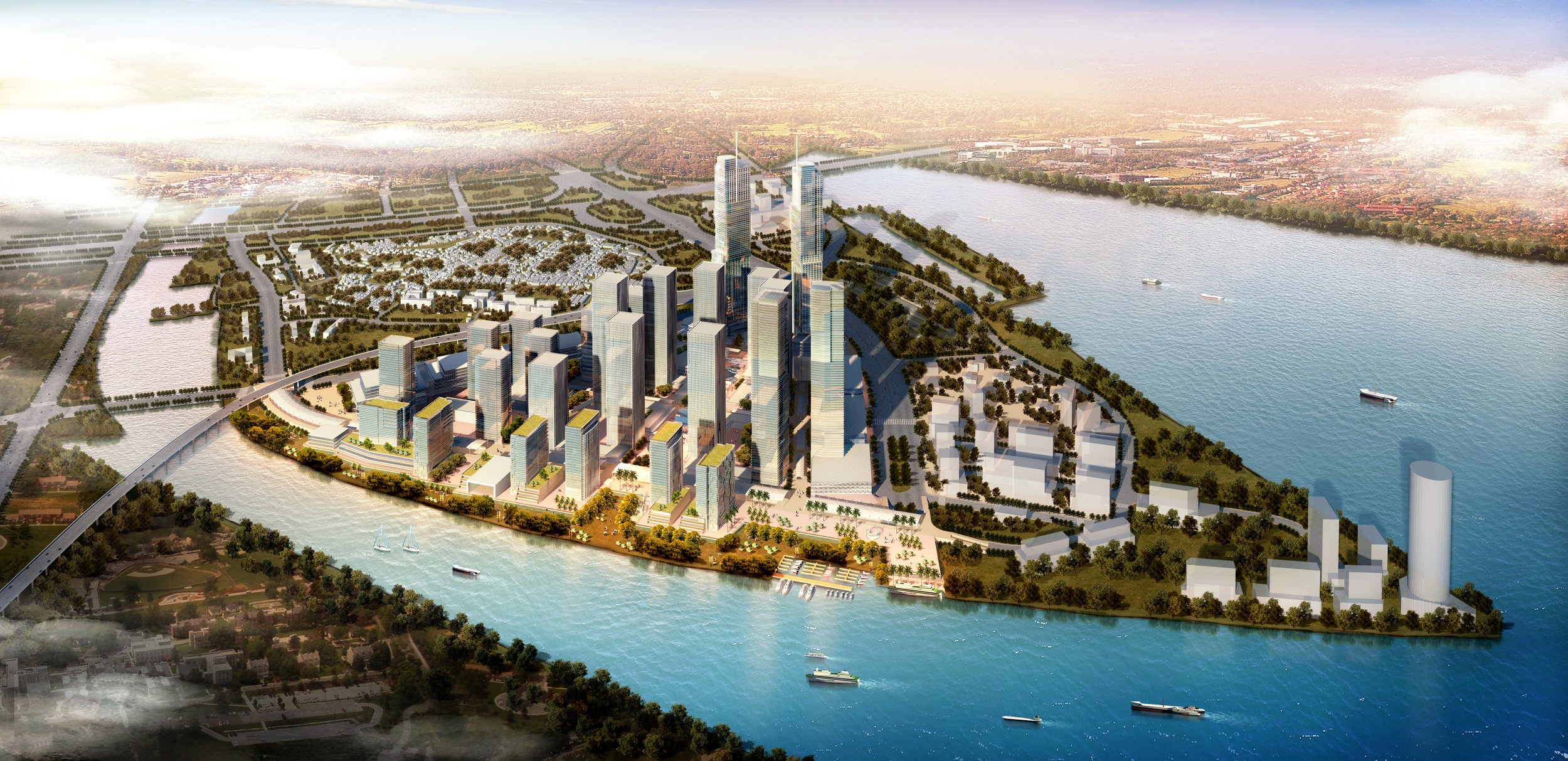 A computer-generated aerial view of a modern urban cityscape along a river, featuring numerous high-rise buildings, parks, roads, and boats on the water.