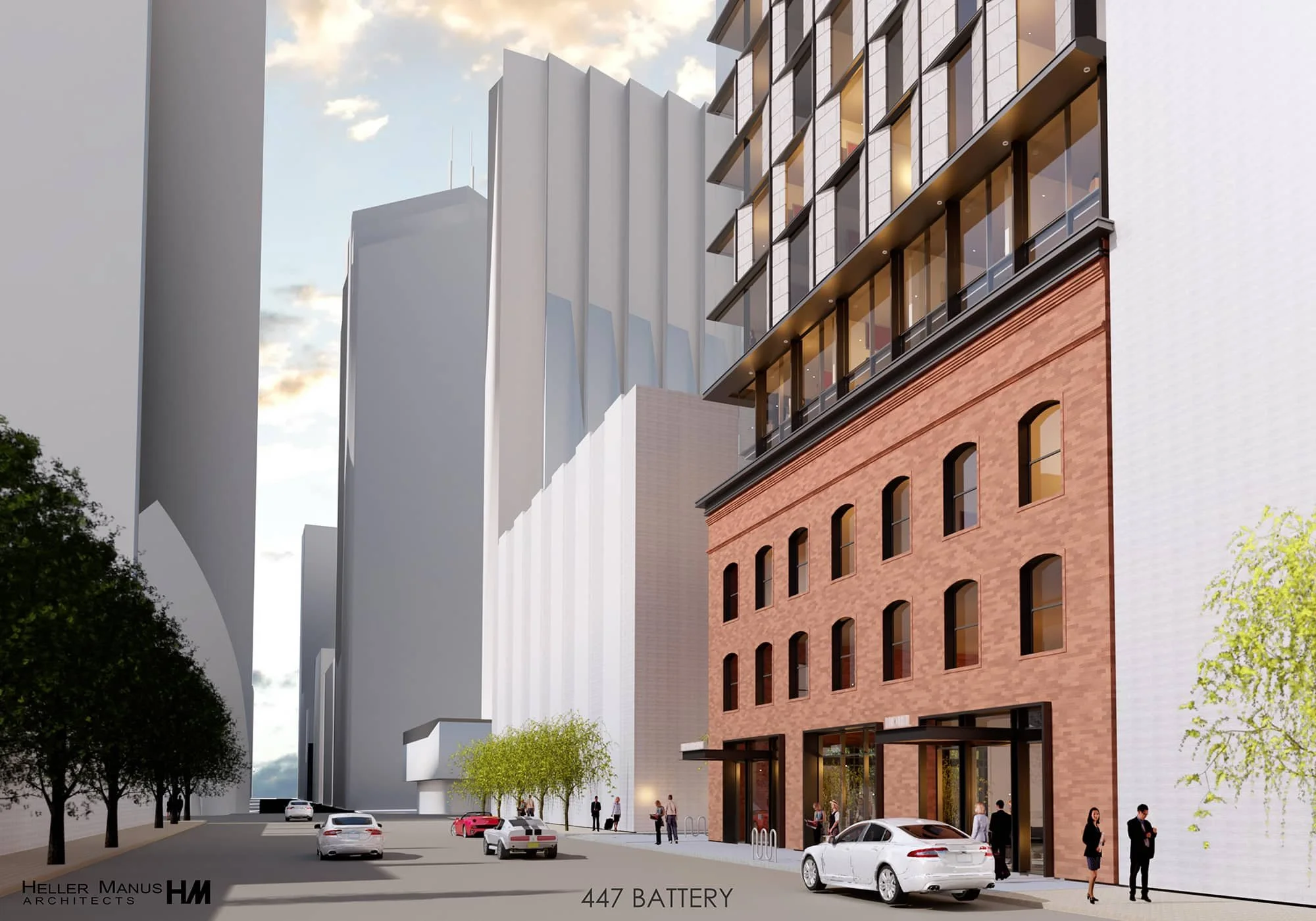 Rendering of an urban street scene with modern high-rise buildings, a red brick building with large windows, trees, parked cars, and people walking on the sidewalk.