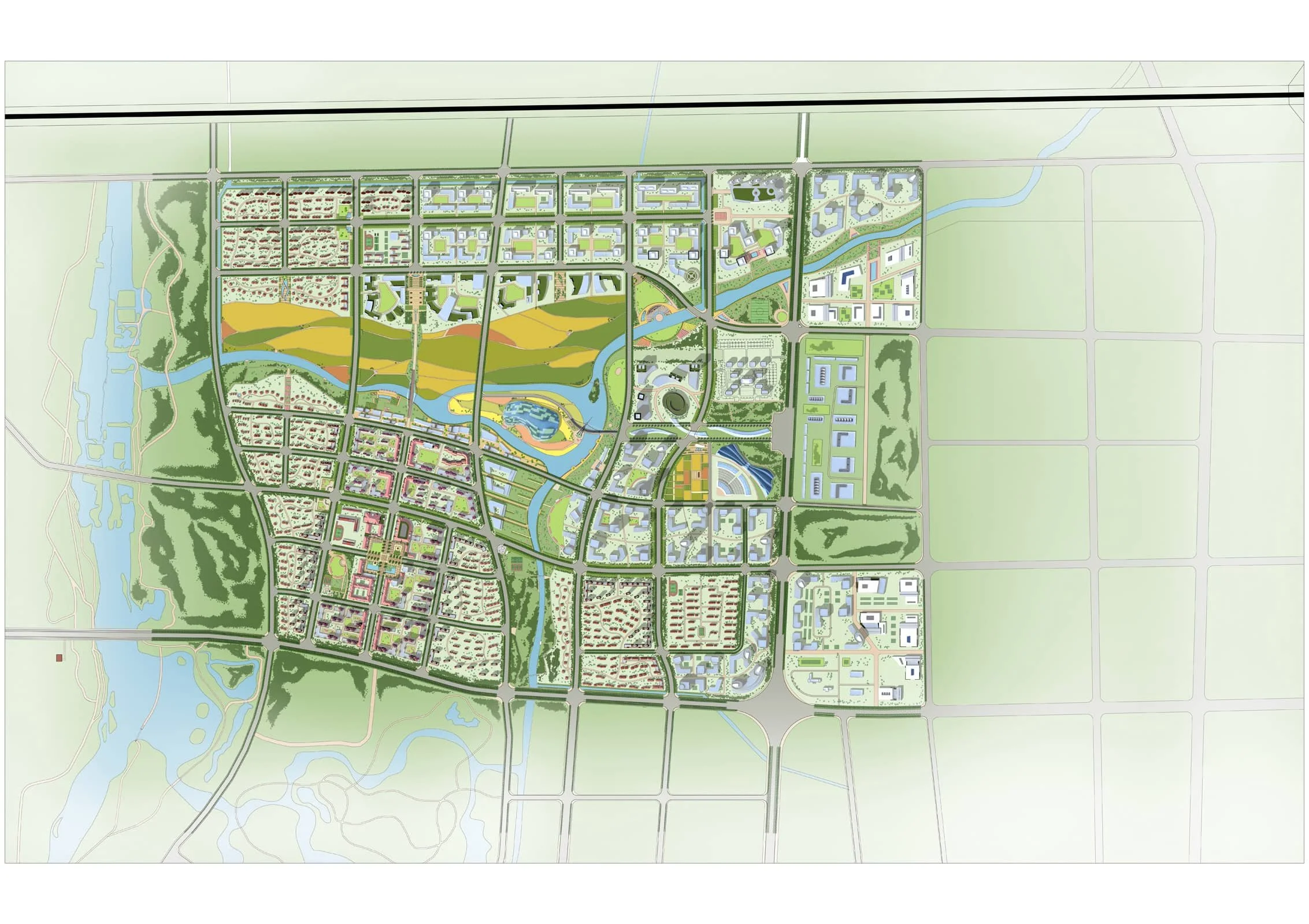 A detailed urban planning map showing an organized city layout with roads, green spaces, water features, residential, commercial, and recreational areas.
