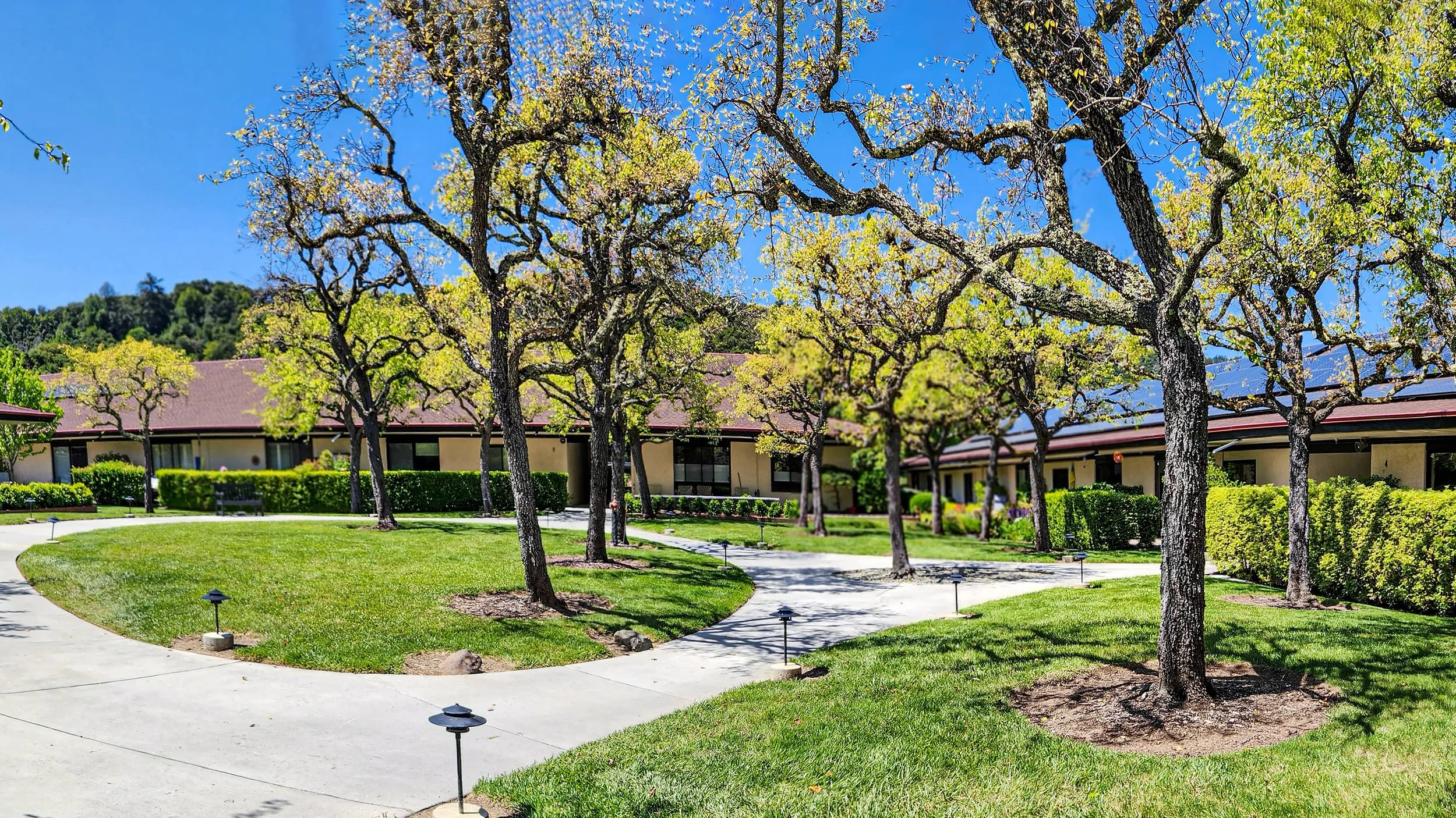 A landscaped courtyard with green grass, winding concrete walkways, and several leafless trees in front of a single-story building with a red roof and beige walls, under a clear blue sky.