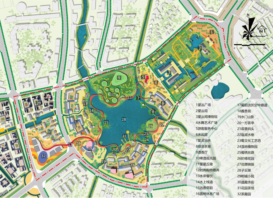 A detailed map of a park area with various numbered attractions, pathways, water features, and surrounding buildings, including a lake at the center and a compass rose in the top right corner.