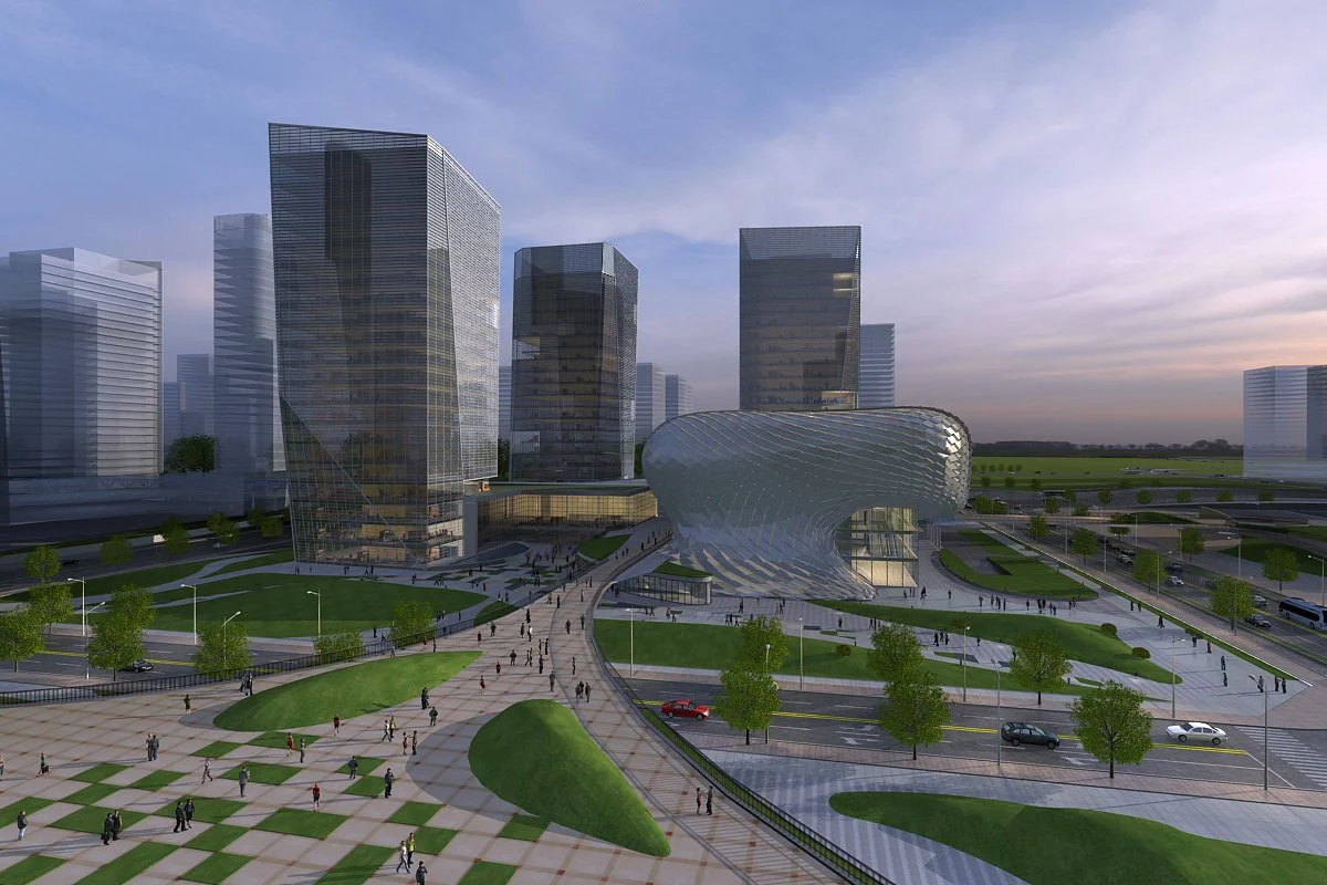 A modern cityscape with tall glass skyscrapers, a futuristic curved building, and a green park with pathways and trees, during daytime.