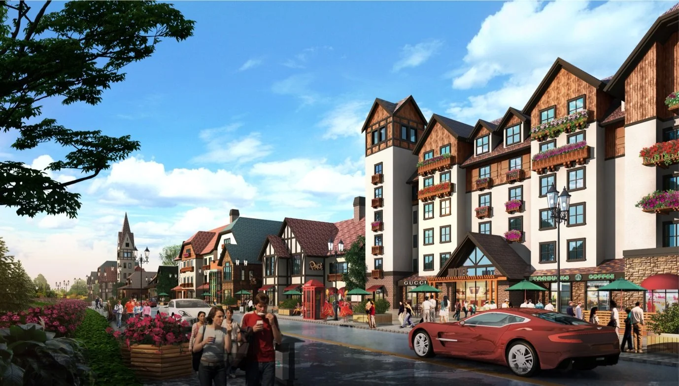 A vibrant street scene with modern and traditional architecture, people walking, shopping, and a red sports car parked on the street under a partly cloudy sky, with flower planters and street lamps.