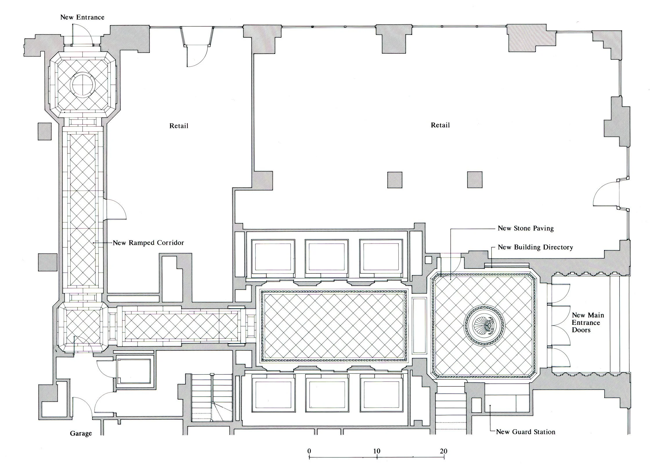 Architectural floor plan of a building with labeled areas including new entrance, retail spaces, new ramped corridor, garage, stairs, main entrance doors, guard station, and interior rooms.
