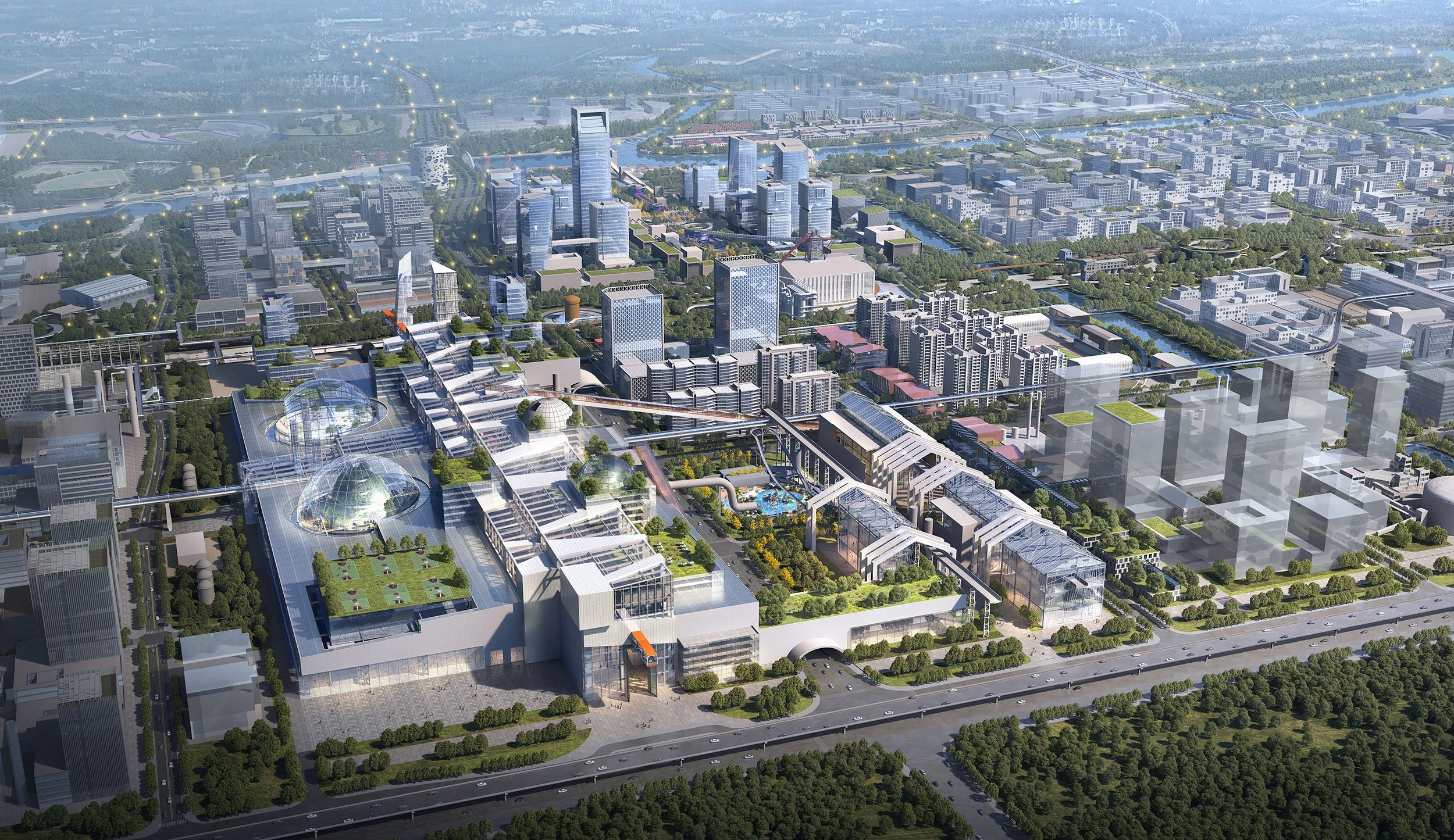 A digital rendering of a modern cityscape featuring an expansive, futuristic complex with glass domes, greenery, and elevated walkways, surrounded by high-rise buildings and urban infrastructure.
