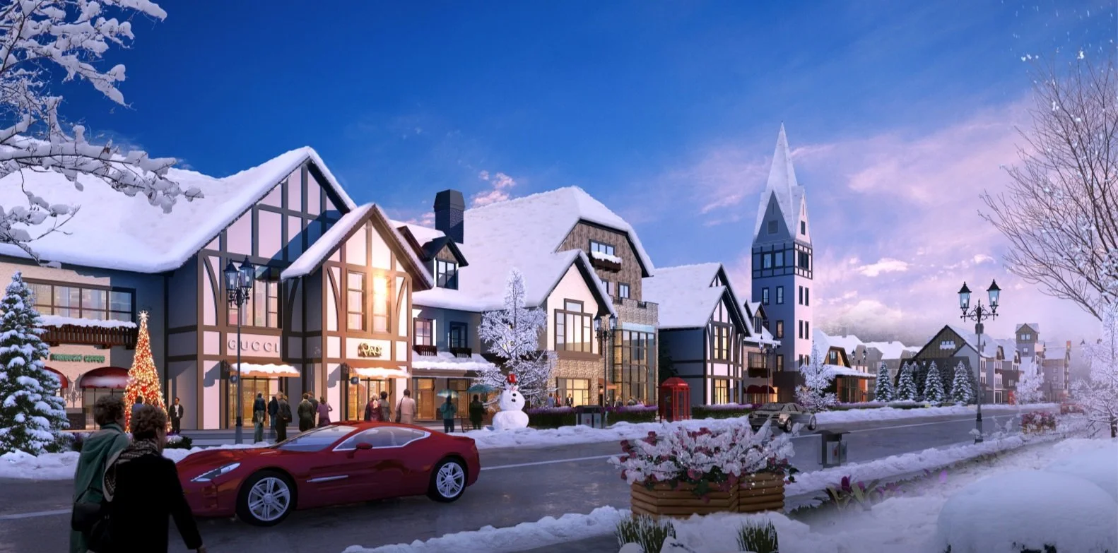 Snow-covered street in a quaint town with shops, a red sports car, people walking, decorated Christmas tree, snowman, and colorful flowers, with buildings and a church steeple in the background under a blue sky.