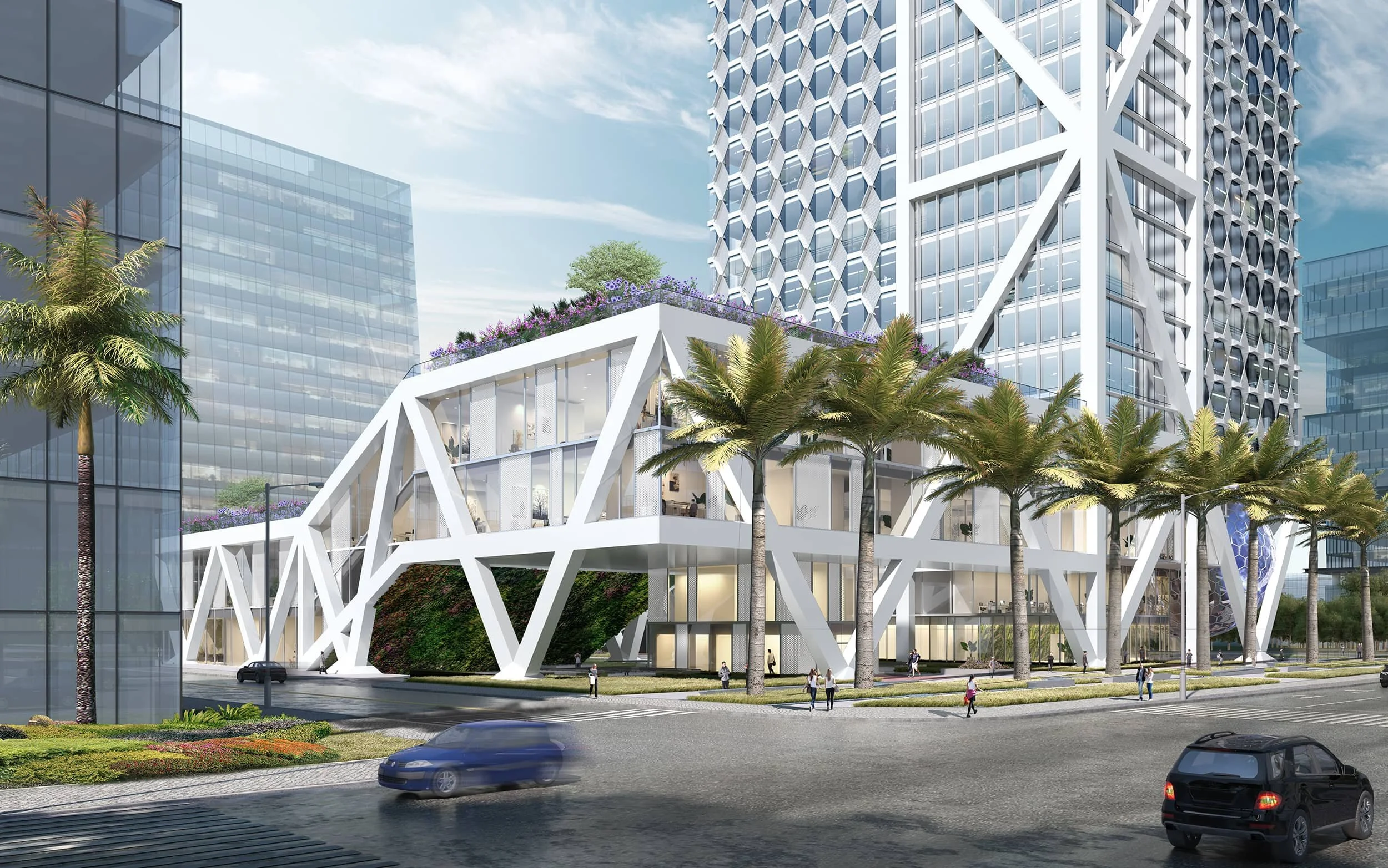 Modern skyscraper with a geometric white exterior frame, glass windows, and surrounding palm trees in an urban setting, with cars and pedestrians on the street