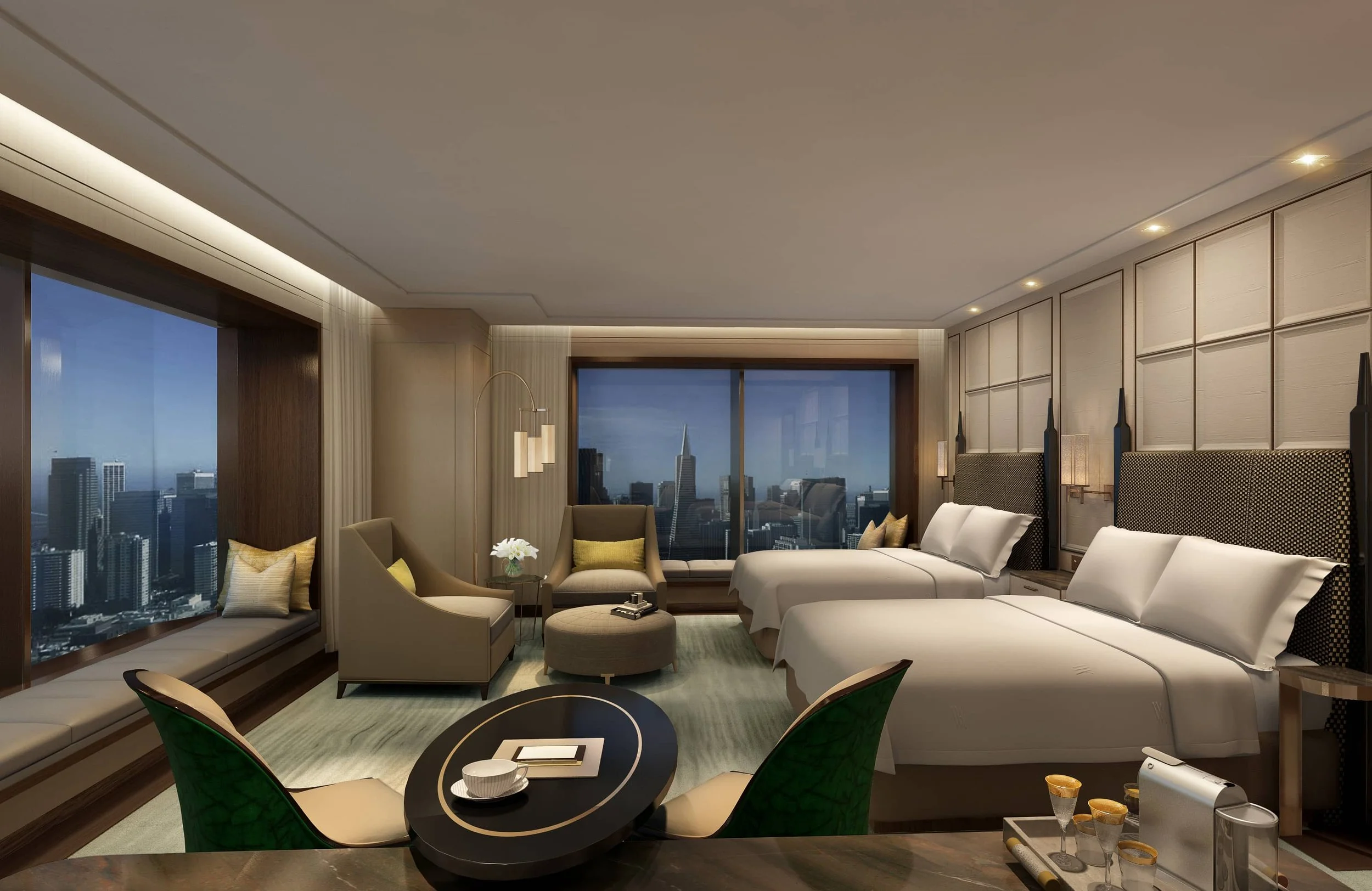 Luxury hotel room with two beds, large windows showing city skyline, seating area, and modern decor.
