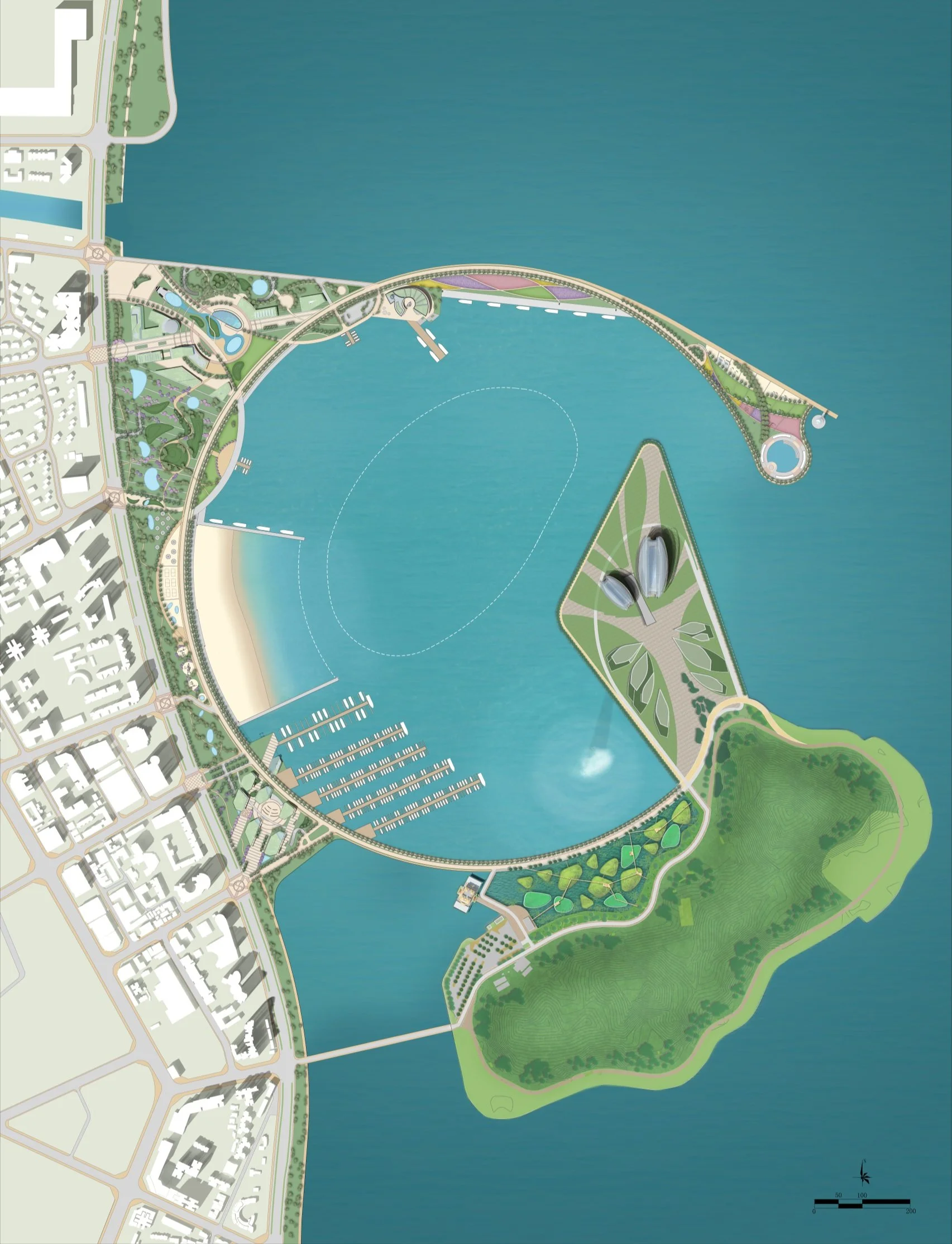 A detailed map of a waterfront park with a large circular bay, marina with docks, beach area, green parkland, and a small island connected by bridges, with surrounding city streets and buildings.