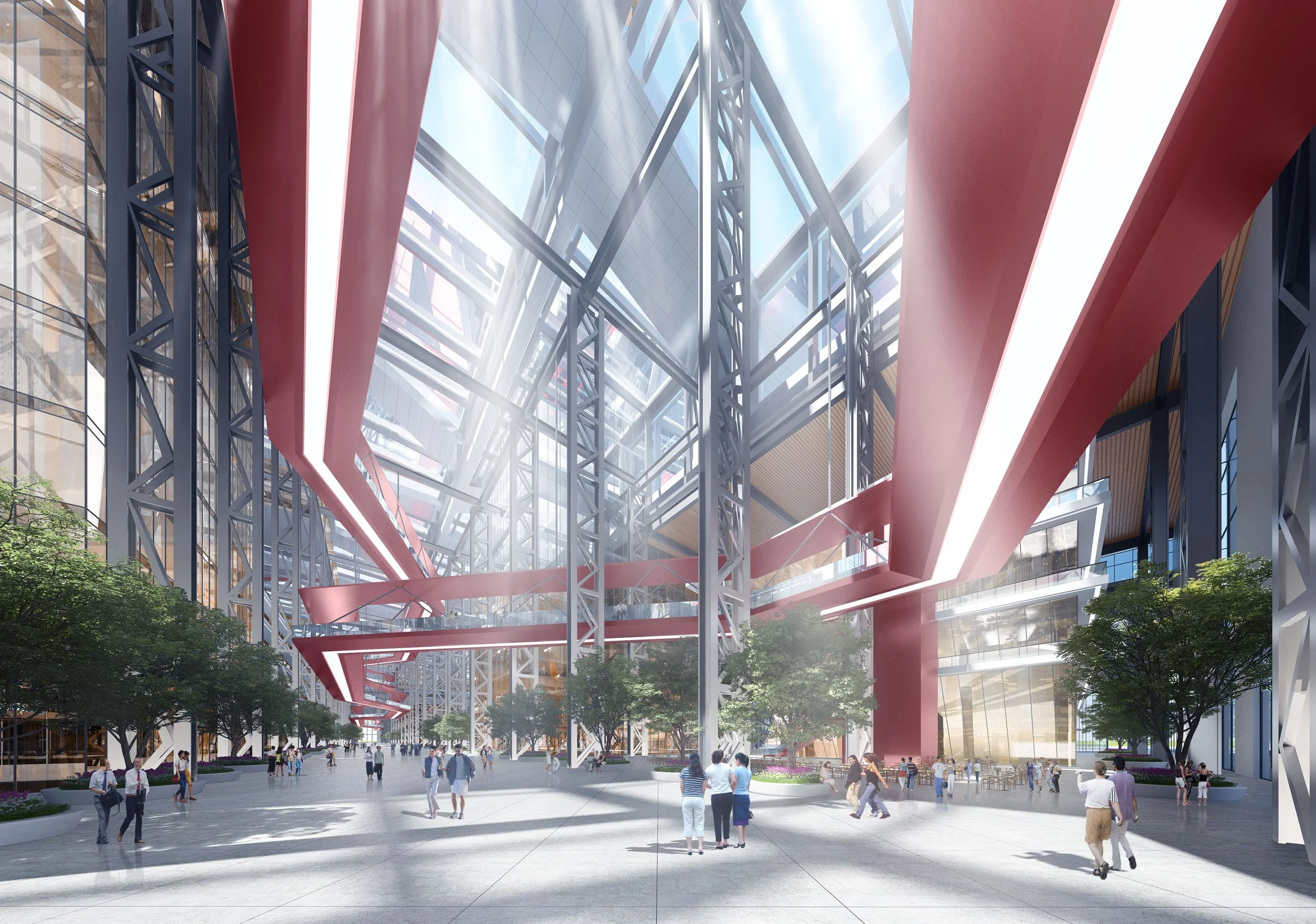 Interior of a modern building with a spacious open lobby, glass walls, and large trees. The ceiling has red and white structural elements, and people are walking and standing throughout the area.
