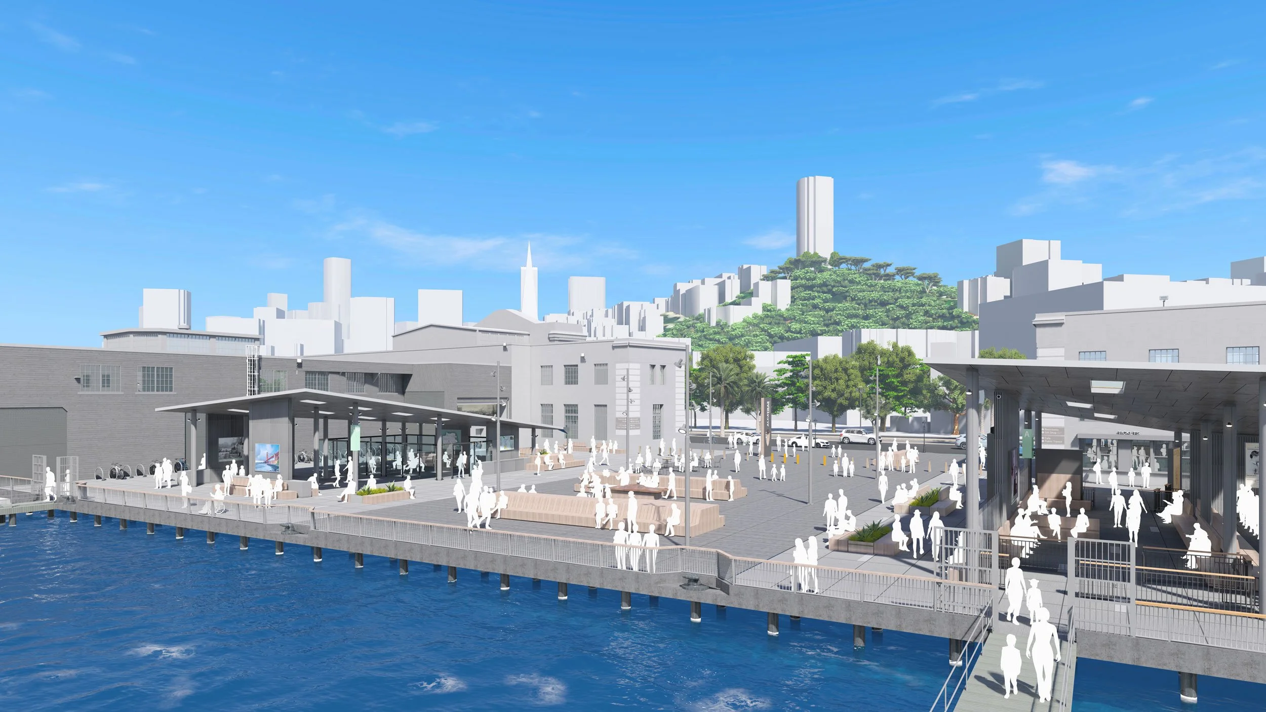 Digital rendering of a waterfront urban plaza with modern buildings, green hillside, and skyline in the background. People are walking and gathering in the plaza area.