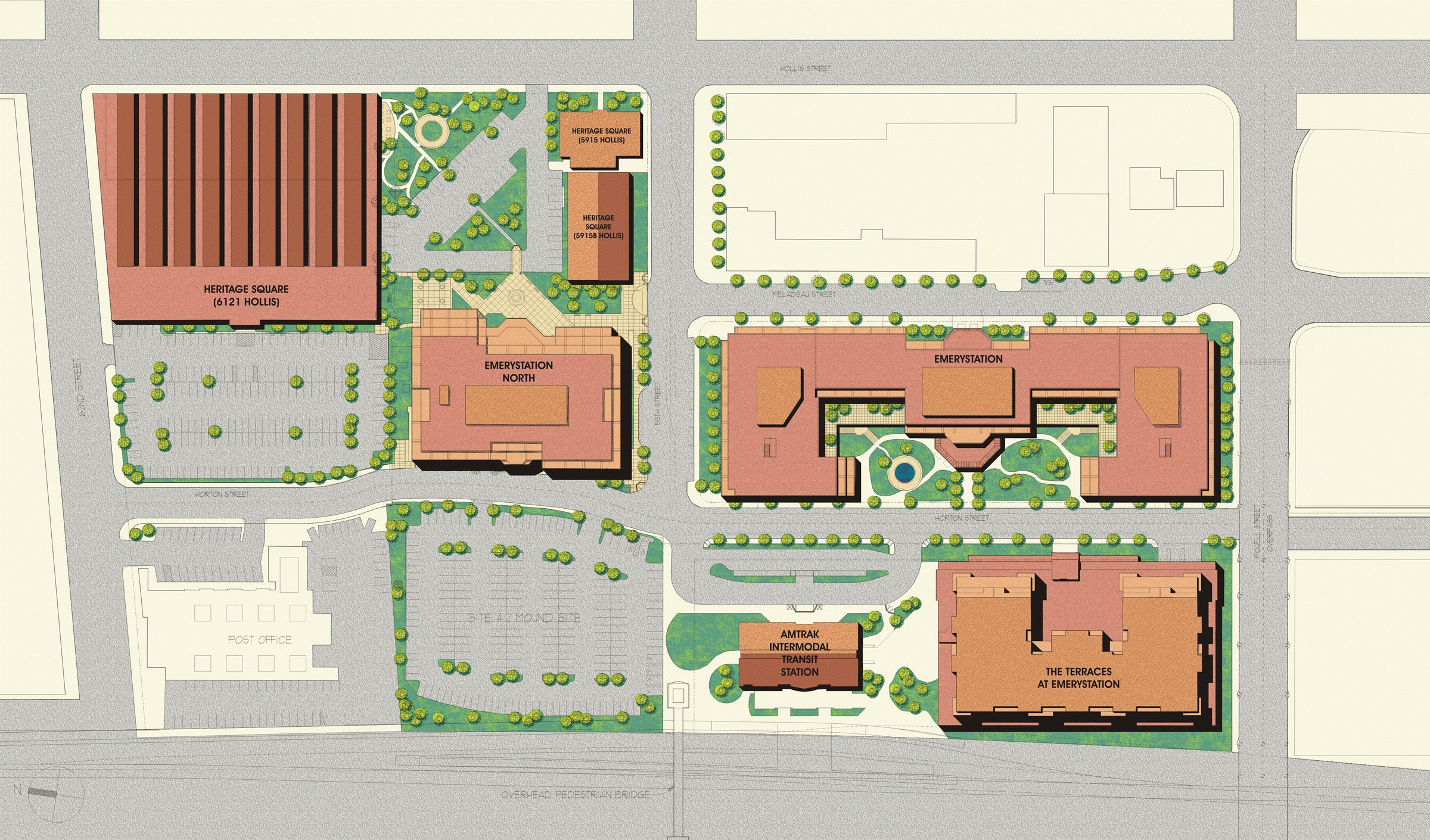 A detailed architectural site plan featuring buildings labeled Heritage Square, Heritage Square, Emerystation North, Emerystation, The Terraces at Emerystation, a post office, a large parking lot, a transit station with Amtrak and other labels, and s