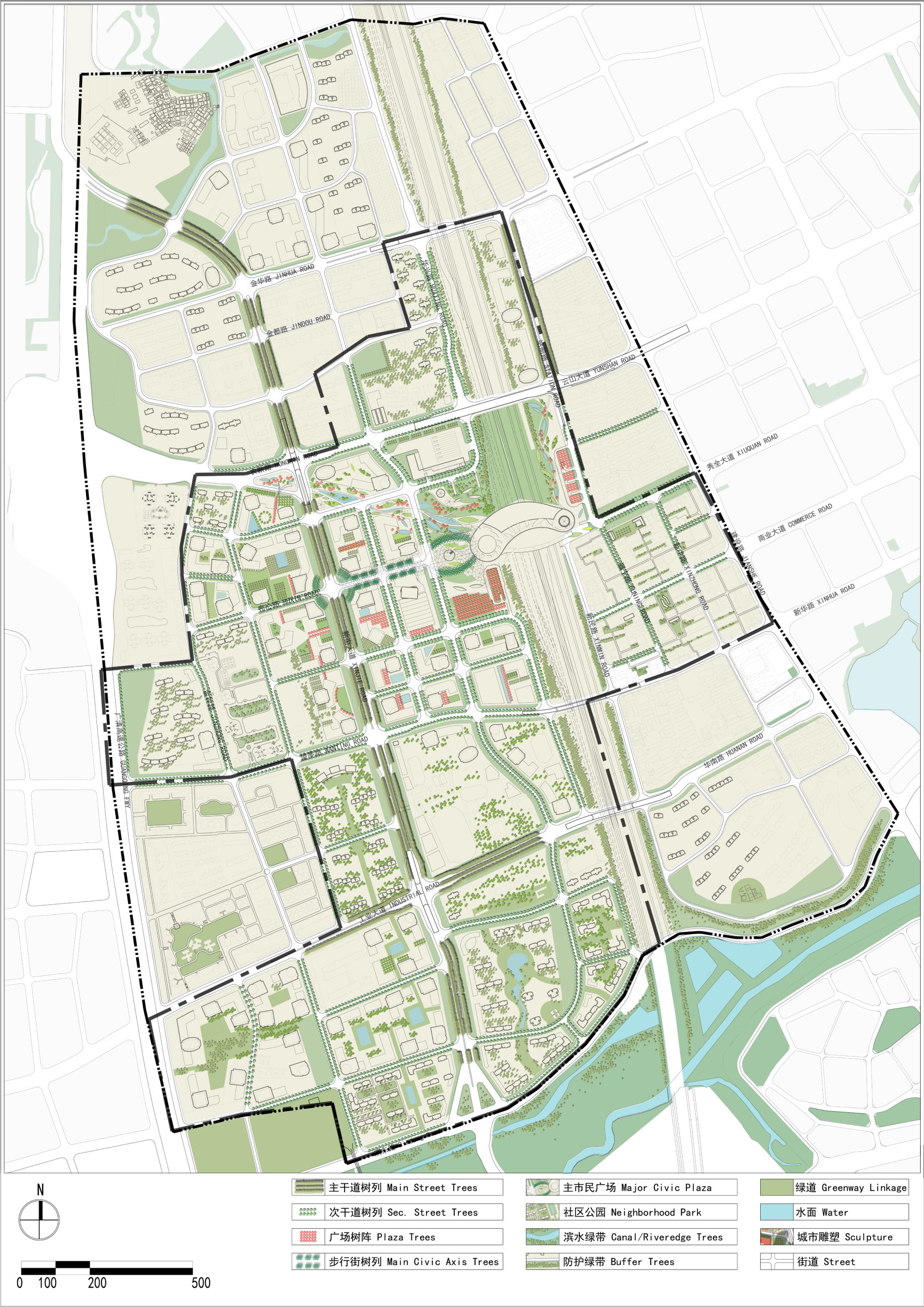 A detailed urban planning map showing roads, parks, water bodies, buildings, and green spaces within a city boundary.