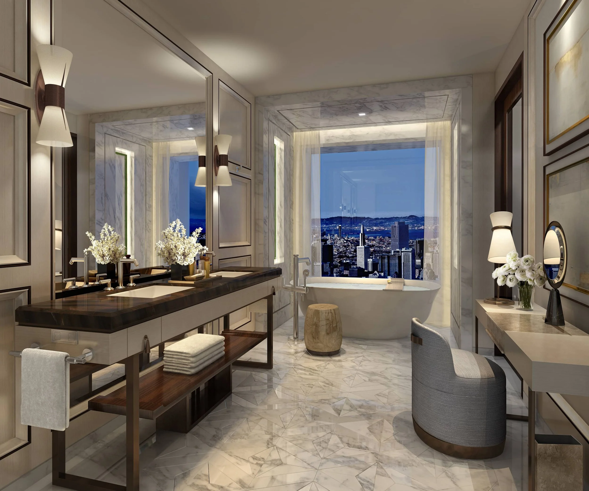 Luxurious bathroom with large window view of city skyline, featuring a bathtub, double sink vanity, marble flooring, and elegant decor.