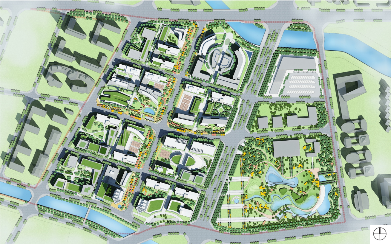 A detailed map of an urban development with various buildings, parks, water features, and roads, showing a planned city layout with green spaces and waterways.