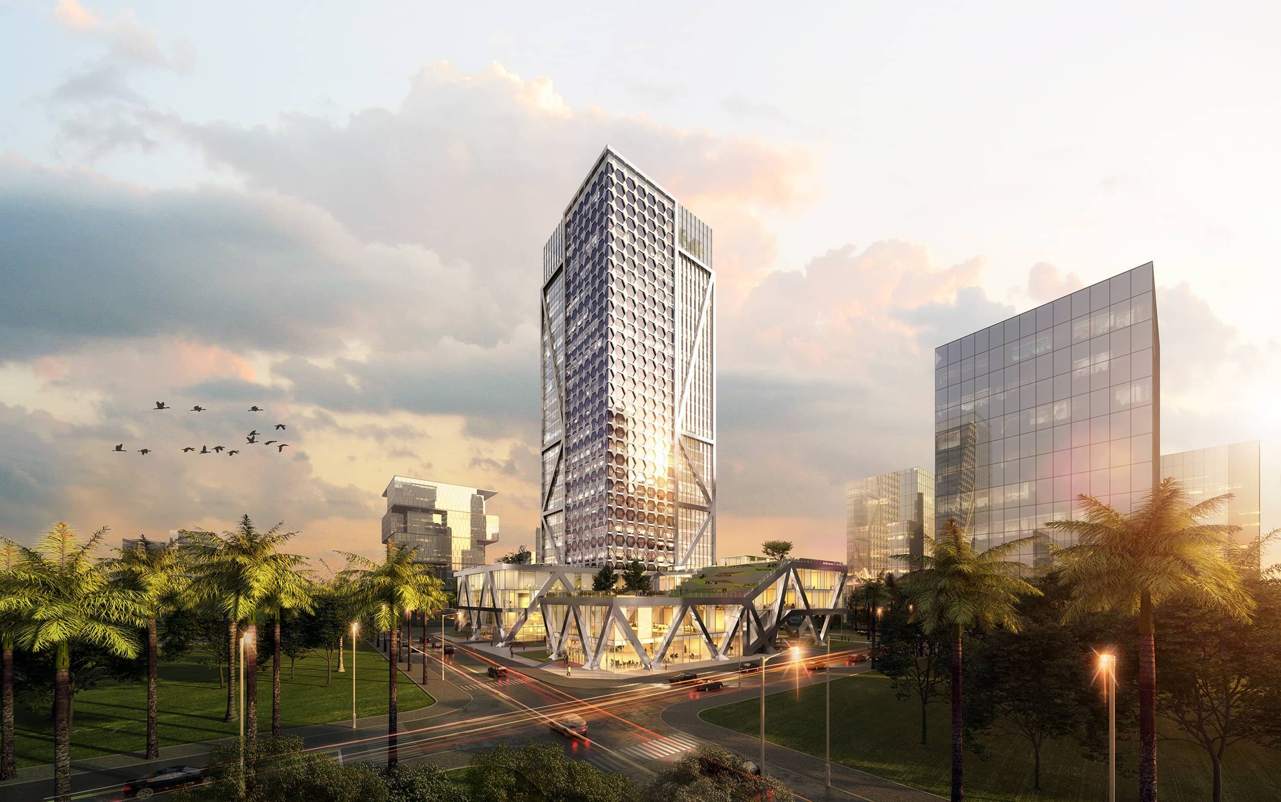 A modern urban cityscape at sunset featuring a tall skyscraper with a unique honeycomb pattern, surrounded by other glass buildings, palm trees, and busy streets with light trails from moving vehicles.