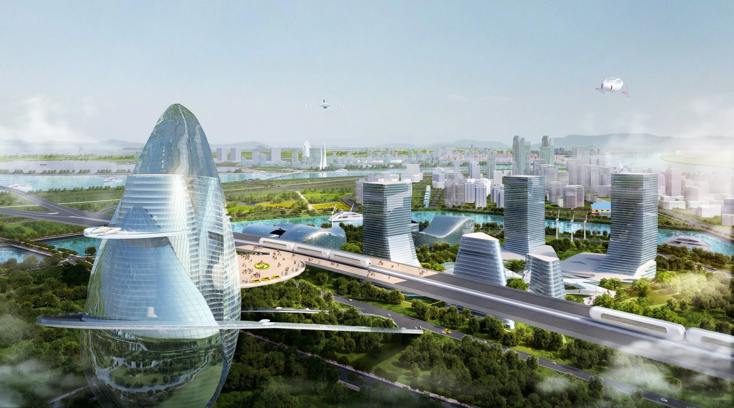 Futuristic cityscape with tall glass buildings, elevated railways with high-speed trains, green parks, water bodies, and flying vehicles.
