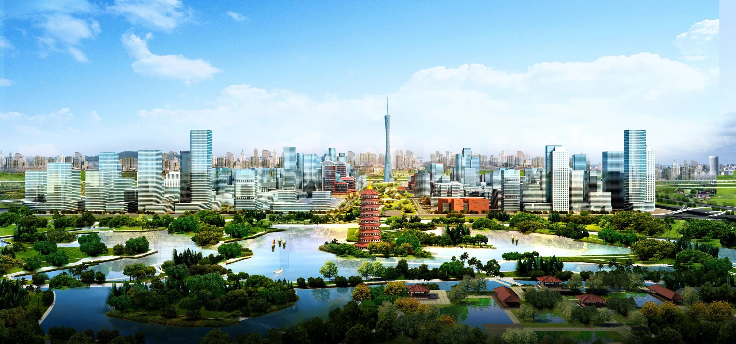 A cityscape with modern high-rise buildings and skyscrapers in the background, aPagoda-style tower in the foreground, and a large park with lakes, trees, and small traditional pavilions in the front.