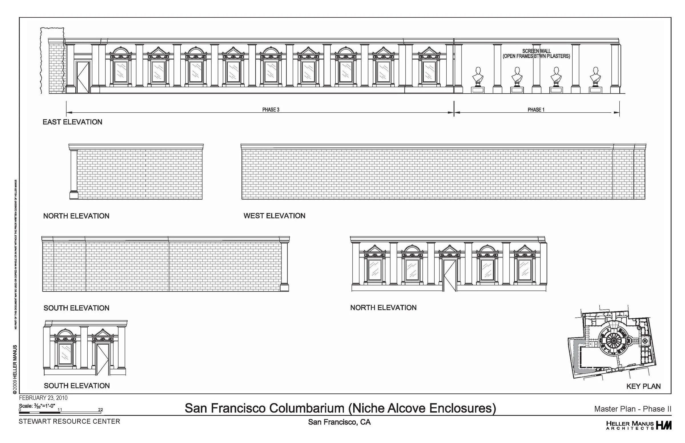 Architectural blueprint of the San Francisco Columbarium, showing the east and north elevations, phase divisions, and a key plan. Features detailed designs of the columbarium facade with niches and decorative elements.