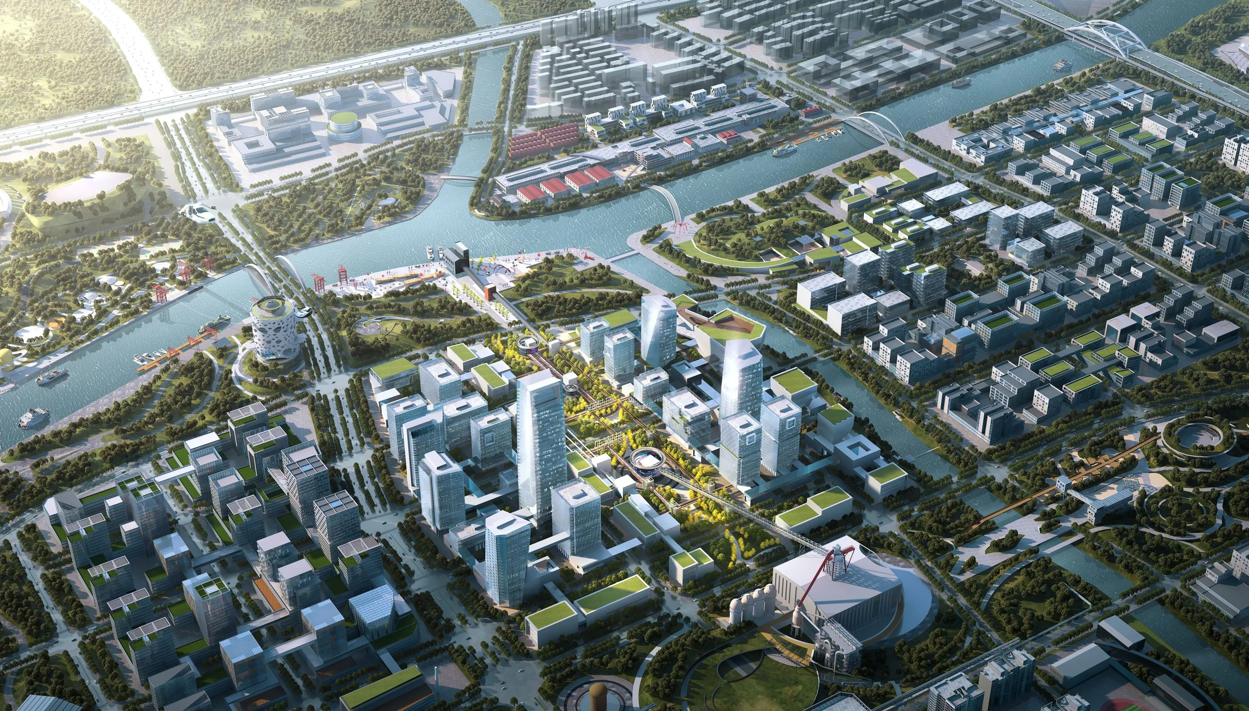 Aerial view of a modern cityscape with high-rise buildings, roads, bridges, waterways, parks, and recreational areas.