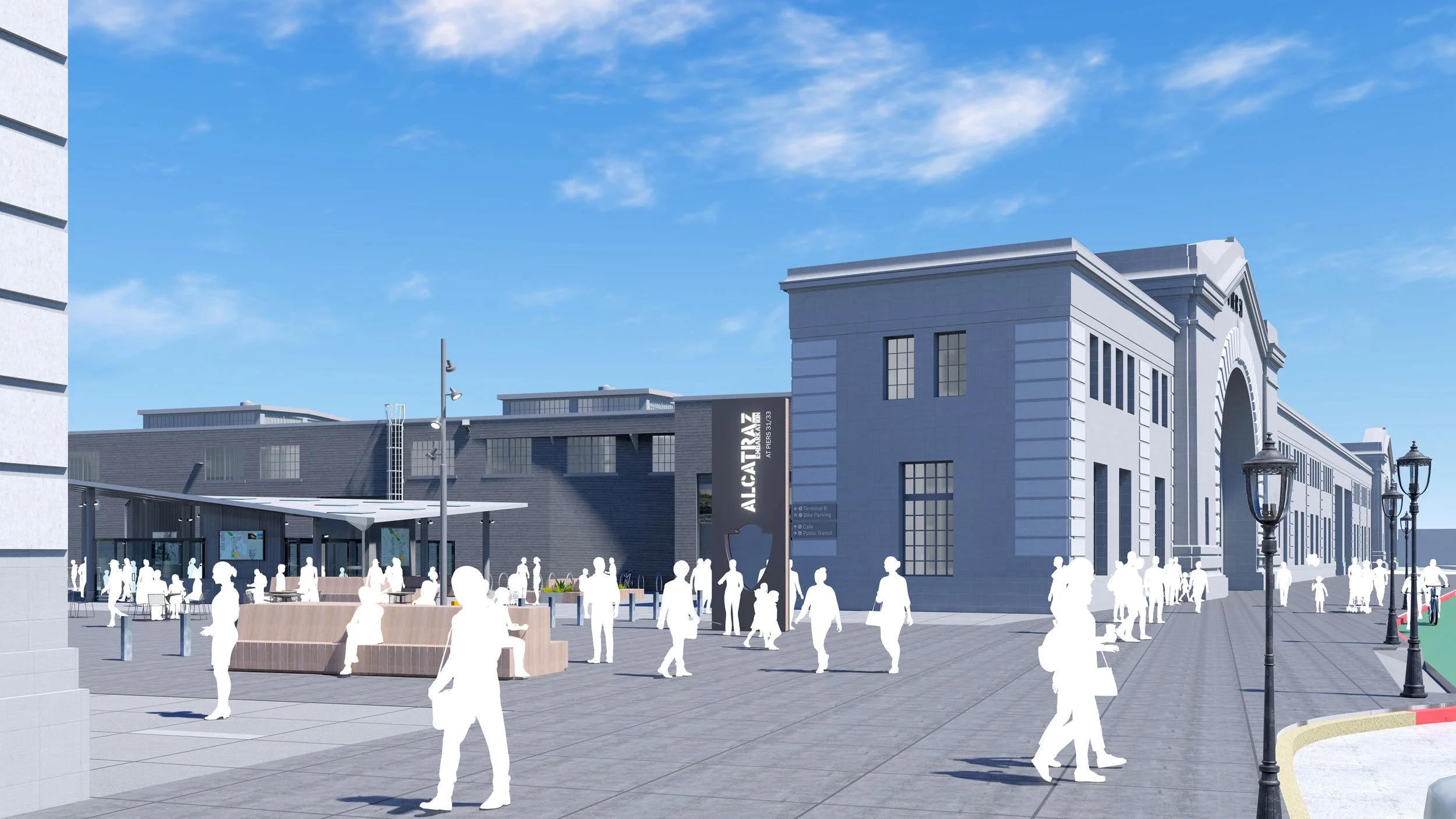 A modern train station exterior with people walking and sitting, a large arched entrance, street lamps, and a clear blue sky.