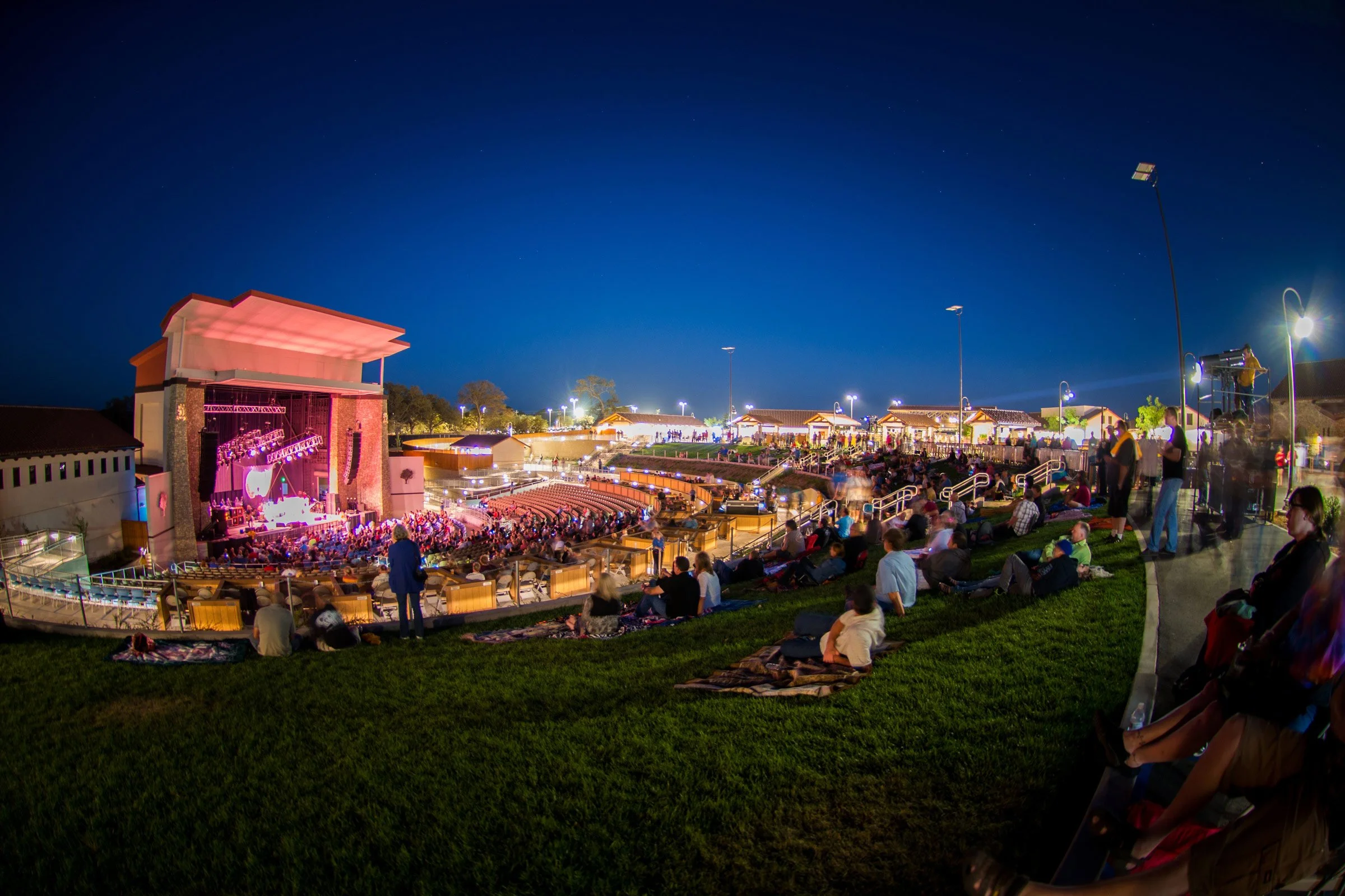 An outdoor amphitheater with a stage illuminated in purple, surrounded by an audience sitting on grass and chairs, watching a performance at night with a clear, starry sky.