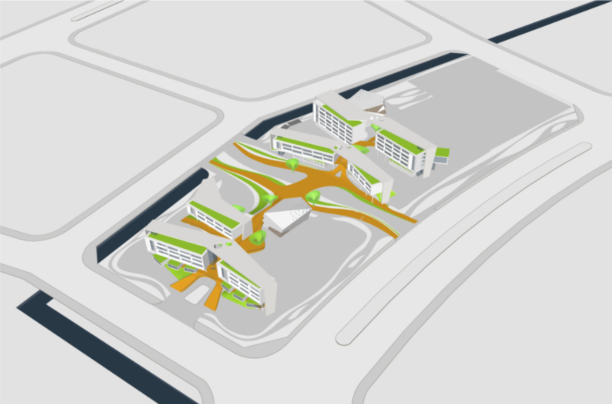 A modern, multi-building campus with walkways, green spaces, and trees, viewed from above.