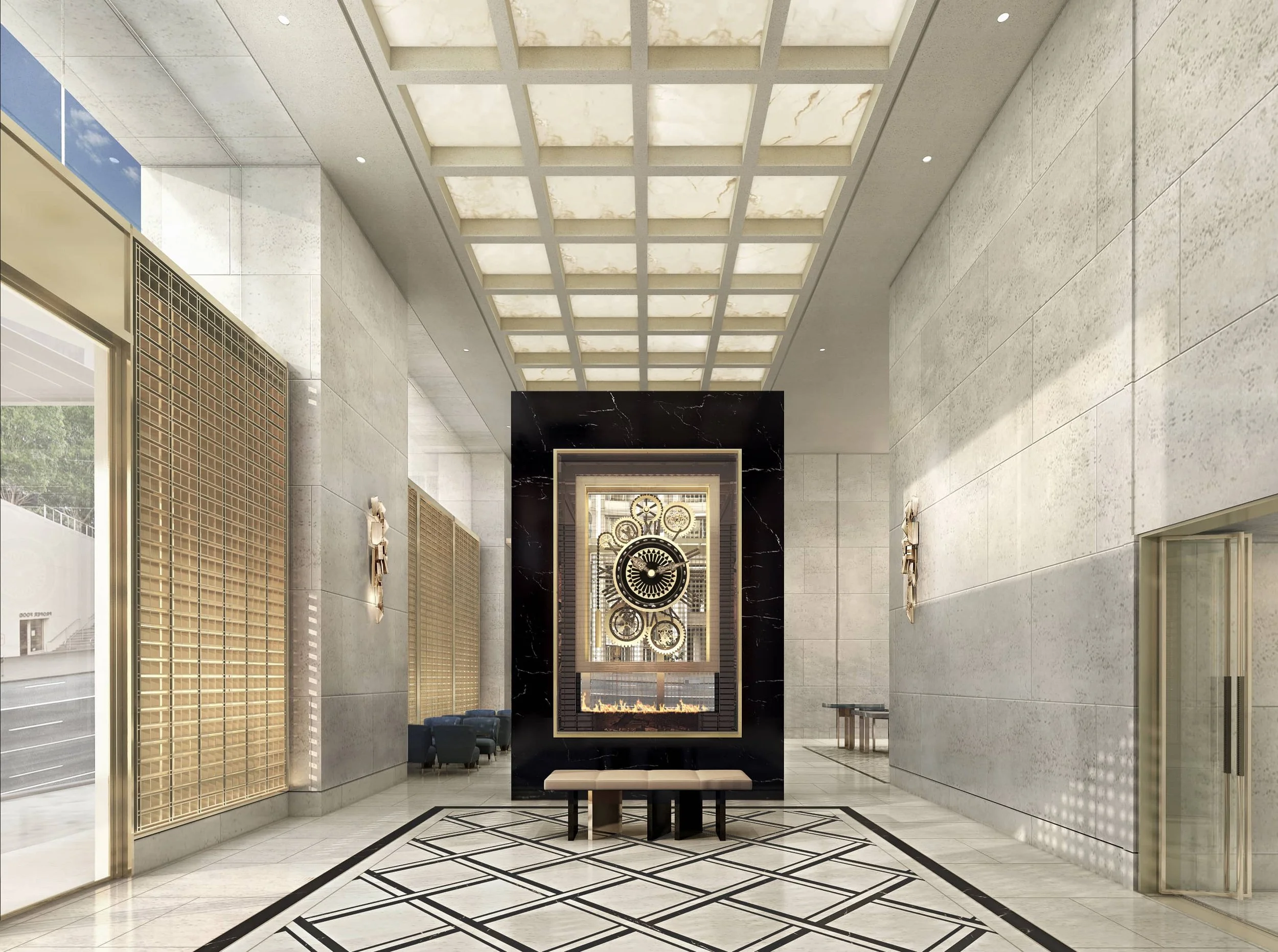 Modern hotel lobby with marble floors, large clock sculpture, and high ceiling with backlit panels.