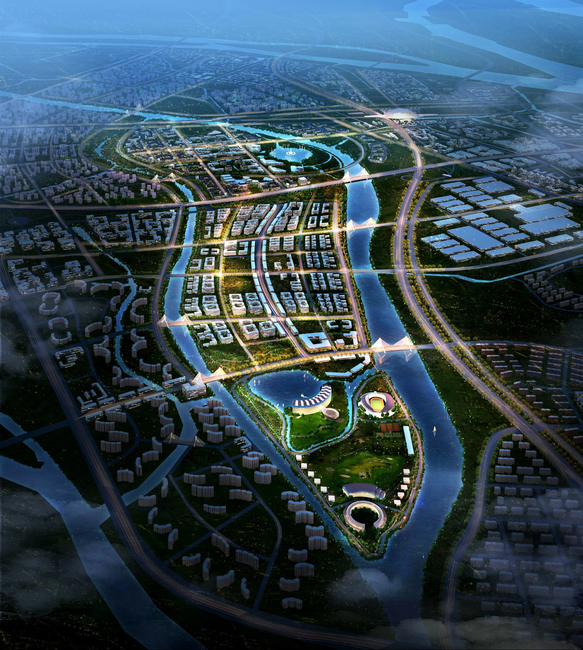 A detailed digital rendering of a futuristic cityscape showing a network of waterways, bridges, modern buildings, and green spaces with a promenade and sports stadium, viewed from above.