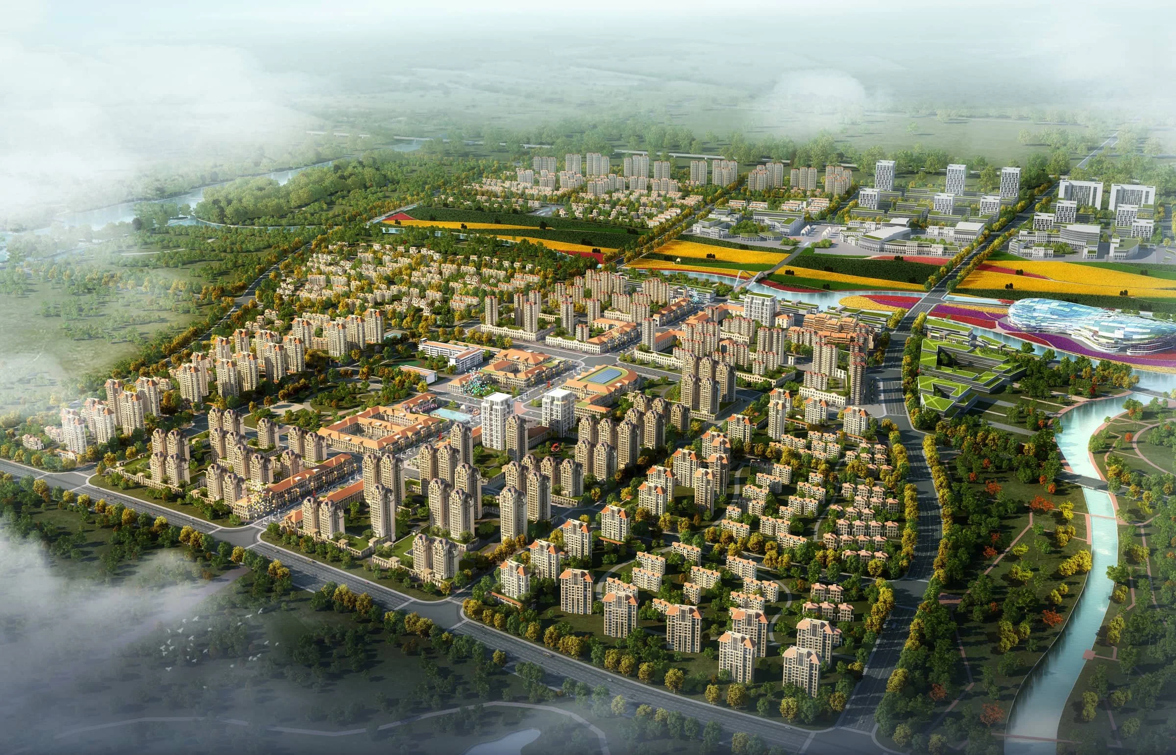 A detailed aerial view of a modern city with numerous high-rise buildings, residential complexes, green spaces, and a river flowing through the city, surrounded by vast greenery and open fields.