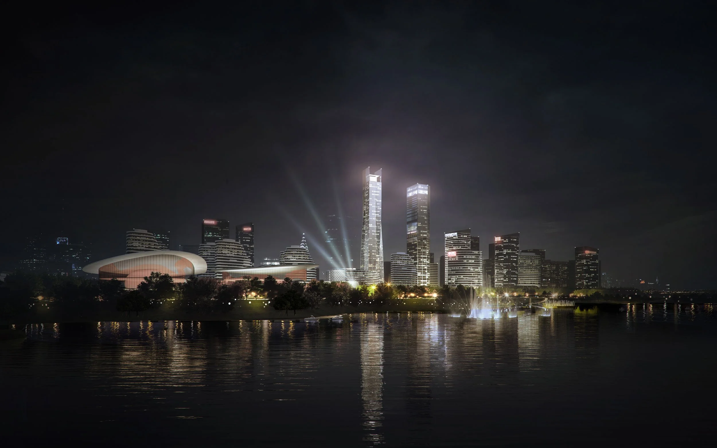 Nighttime city skyline with illuminated skyscrapers, a stadium, and water reflecting the city lights.