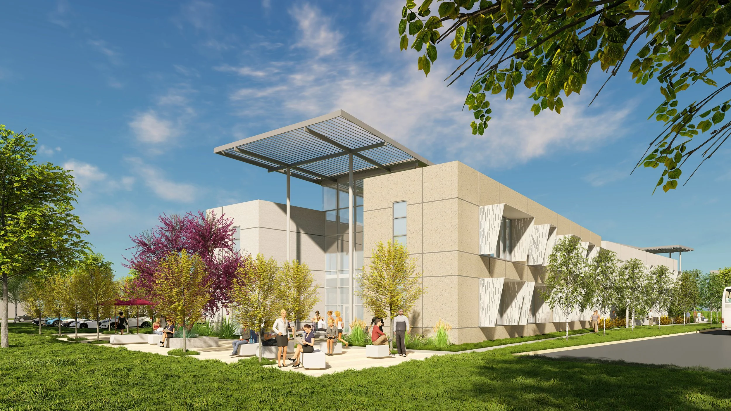 Rendering of a modern public building with outdoor seating, trees with pink and green foliage, and a parking lot in the background under a partly cloudy blue sky.