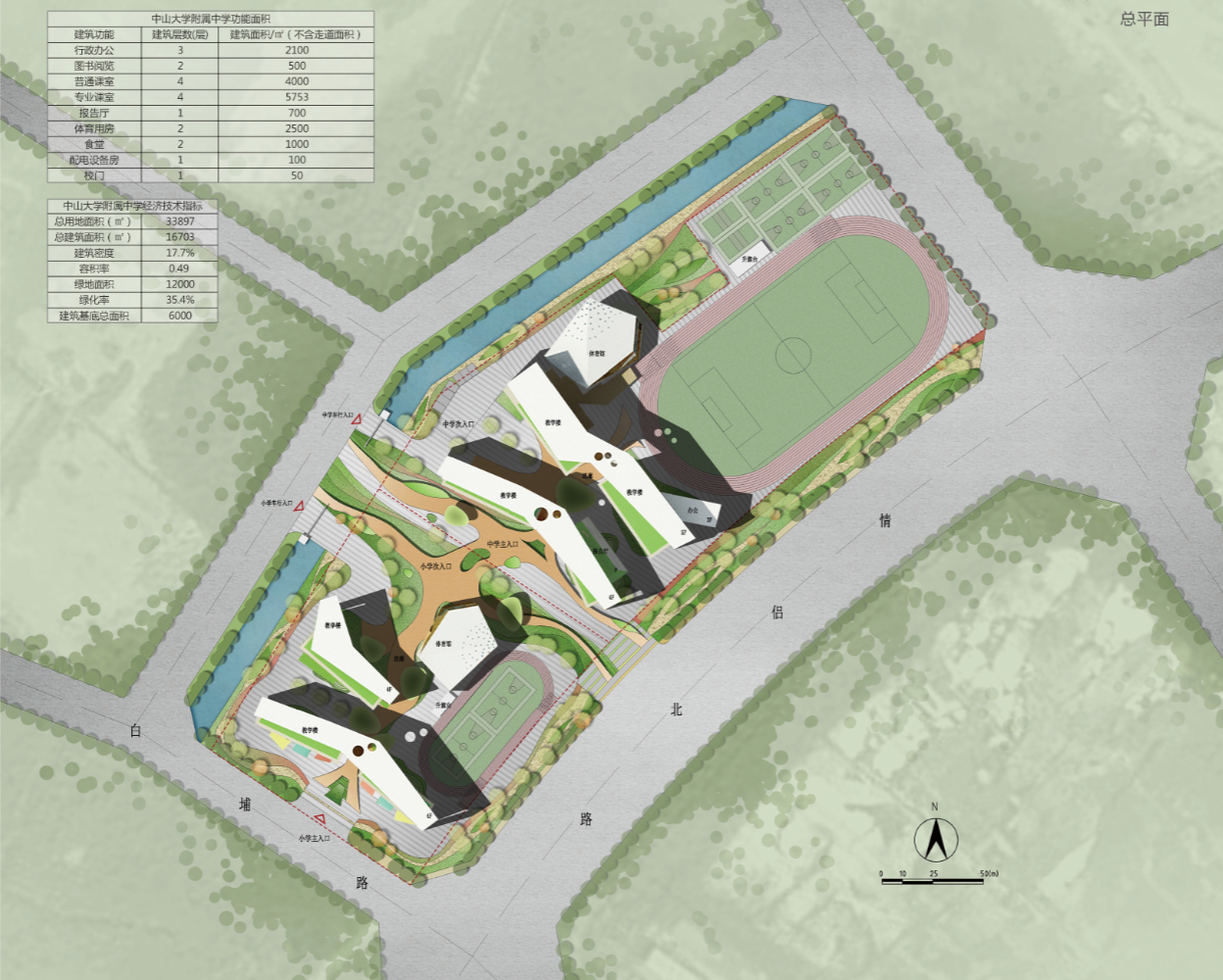 A detailed campus master plan featuring multiple buildings, sports fields, water features, pathways, and surrounding greenery.