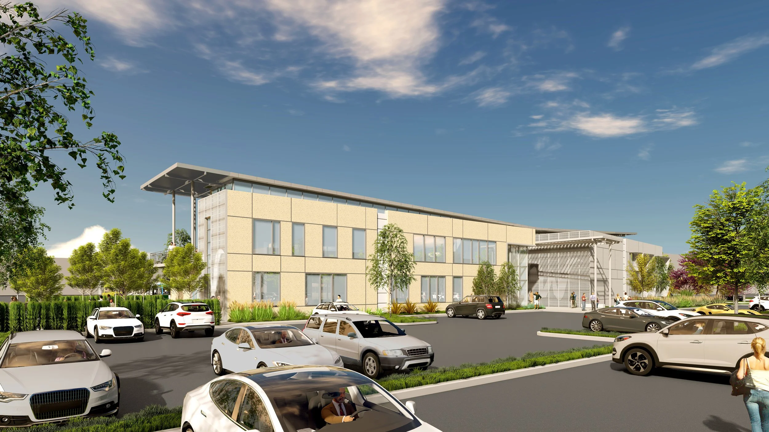Rendering of a modern office building with large windows, surrounded by a parking lot with various cars and people walking nearby, set against a sunny sky with some clouds.